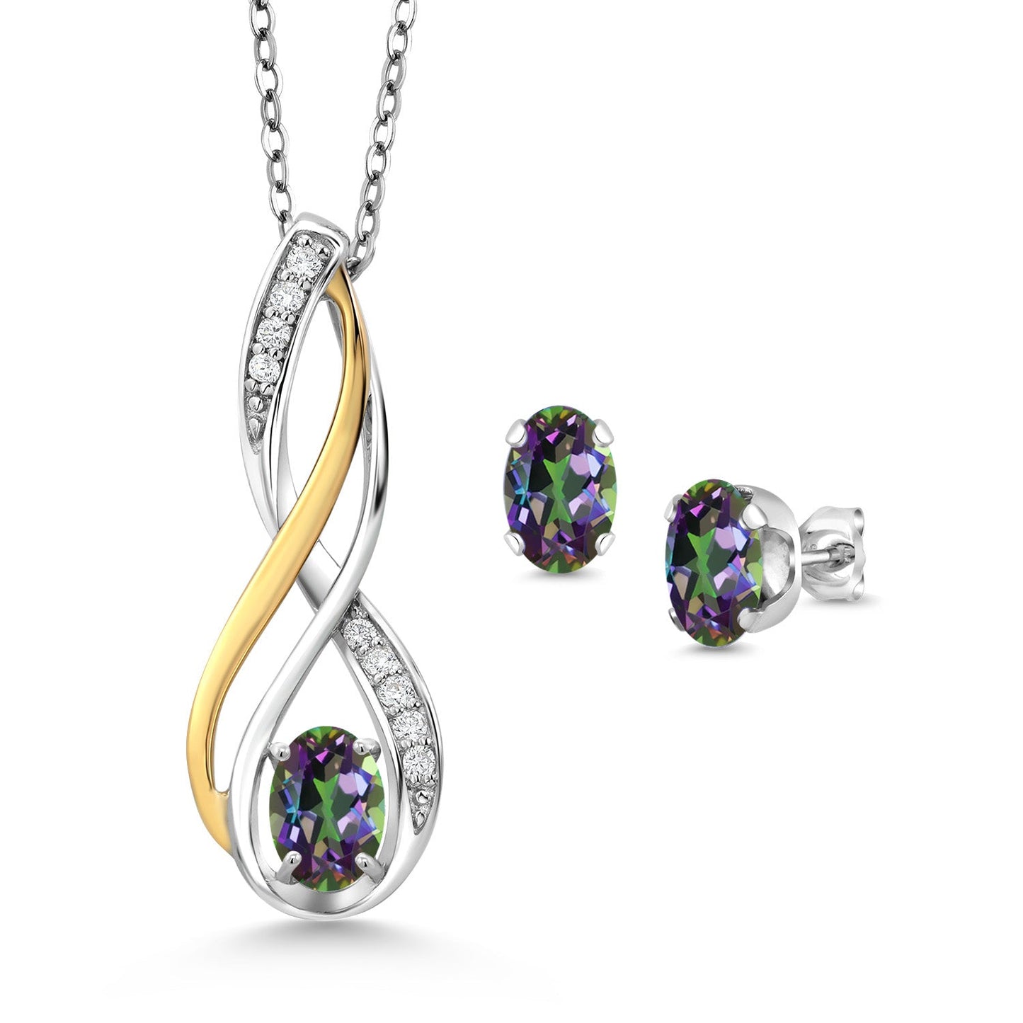 925 Silver and 10K Yellow Gold Oval 6X4MM Gemstone Birthstone and White Lab Grown Diamond Pendant and Earrings Jewelry Set For Women | With 18 Inch Chain