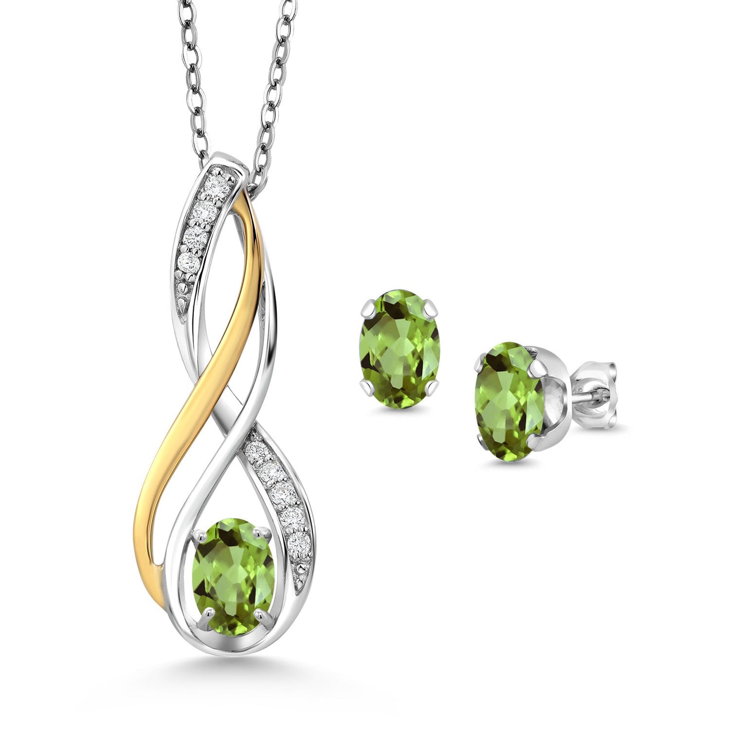 925 Silver and 10K Yellow Gold Oval 6X4MM Gemstone Birthstone and White Lab Grown Diamond Pendant and Earrings Jewelry Set For Women | With 18 Inch Chain