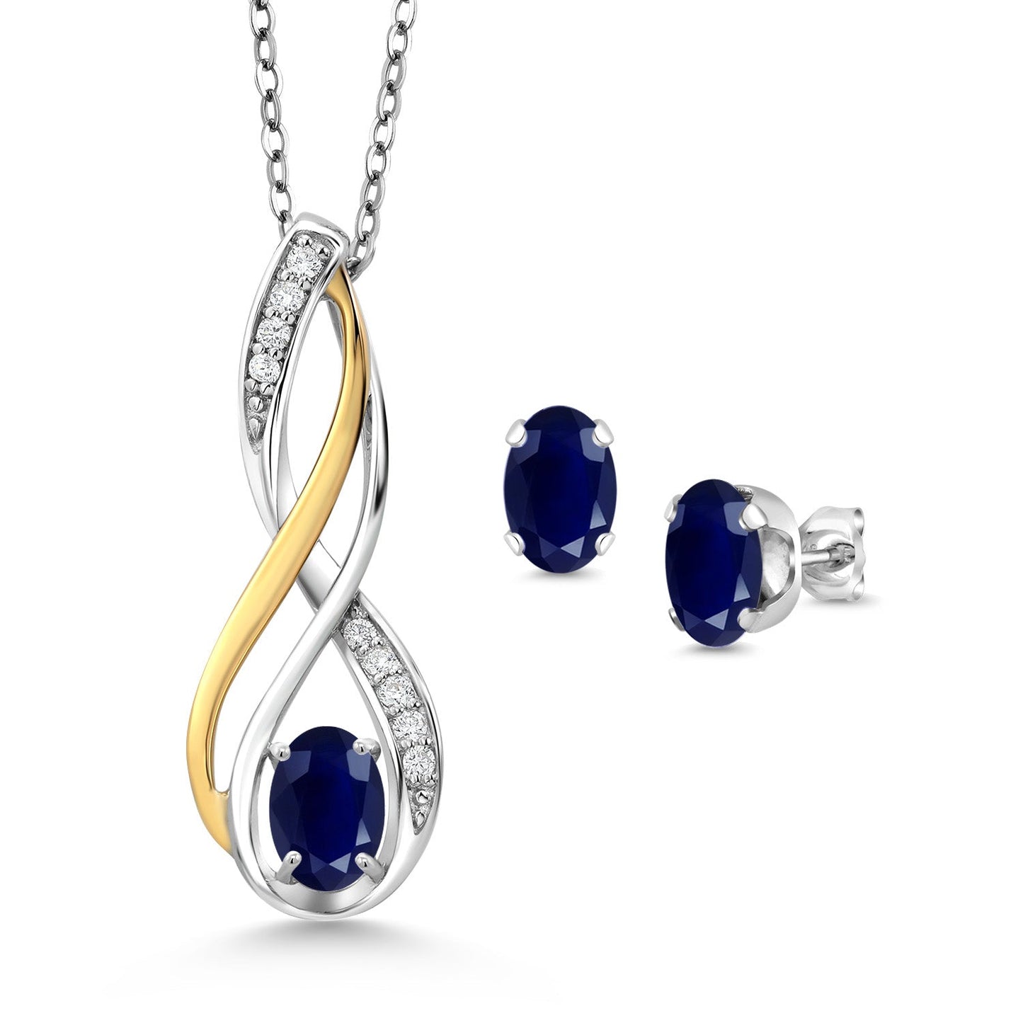 925 Silver and 10K Yellow Gold Oval 6X4MM Gemstone Birthstone and White Lab Grown Diamond Pendant and Earrings Jewelry Set For Women | With 18 Inch Chain