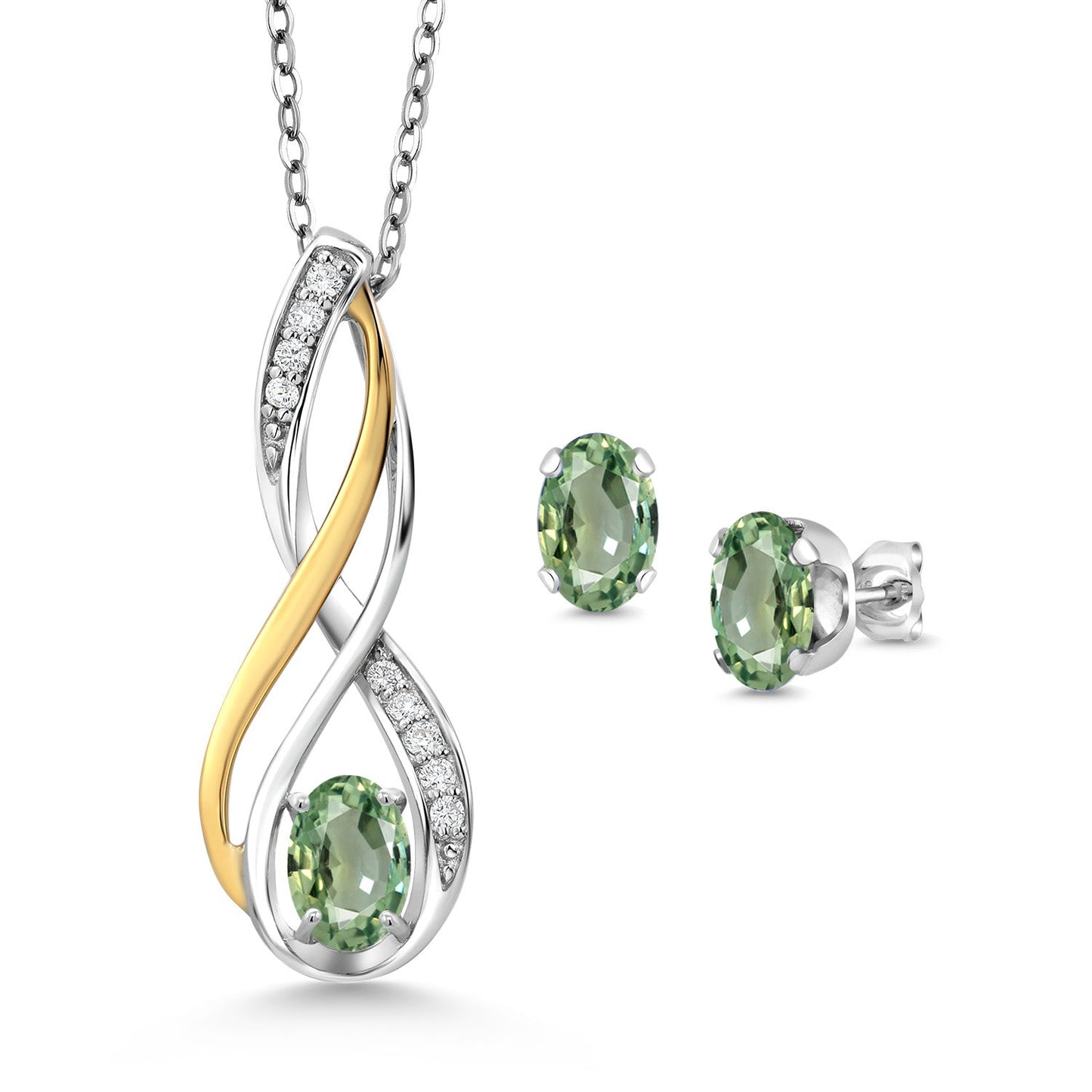 925 Silver and 10K Yellow Gold Oval 6X4MM Gemstone Birthstone and White Lab Grown Diamond Pendant and Earrings Jewelry Set For Women | With 18 Inch Chain