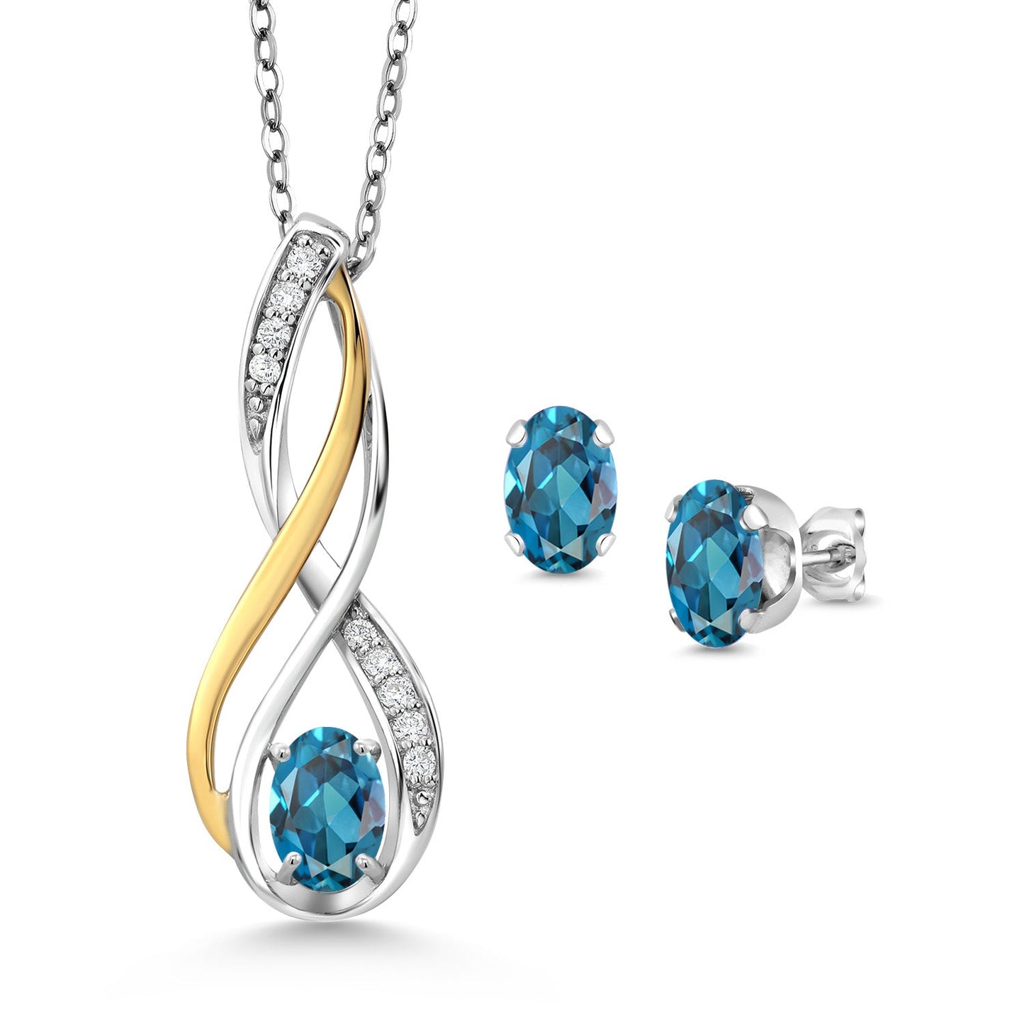 925 Silver and 10K Yellow Gold Oval 6X4MM Gemstone Birthstone and White Lab Grown Diamond Pendant and Earrings Jewelry Set For Women | With 18 Inch Chain