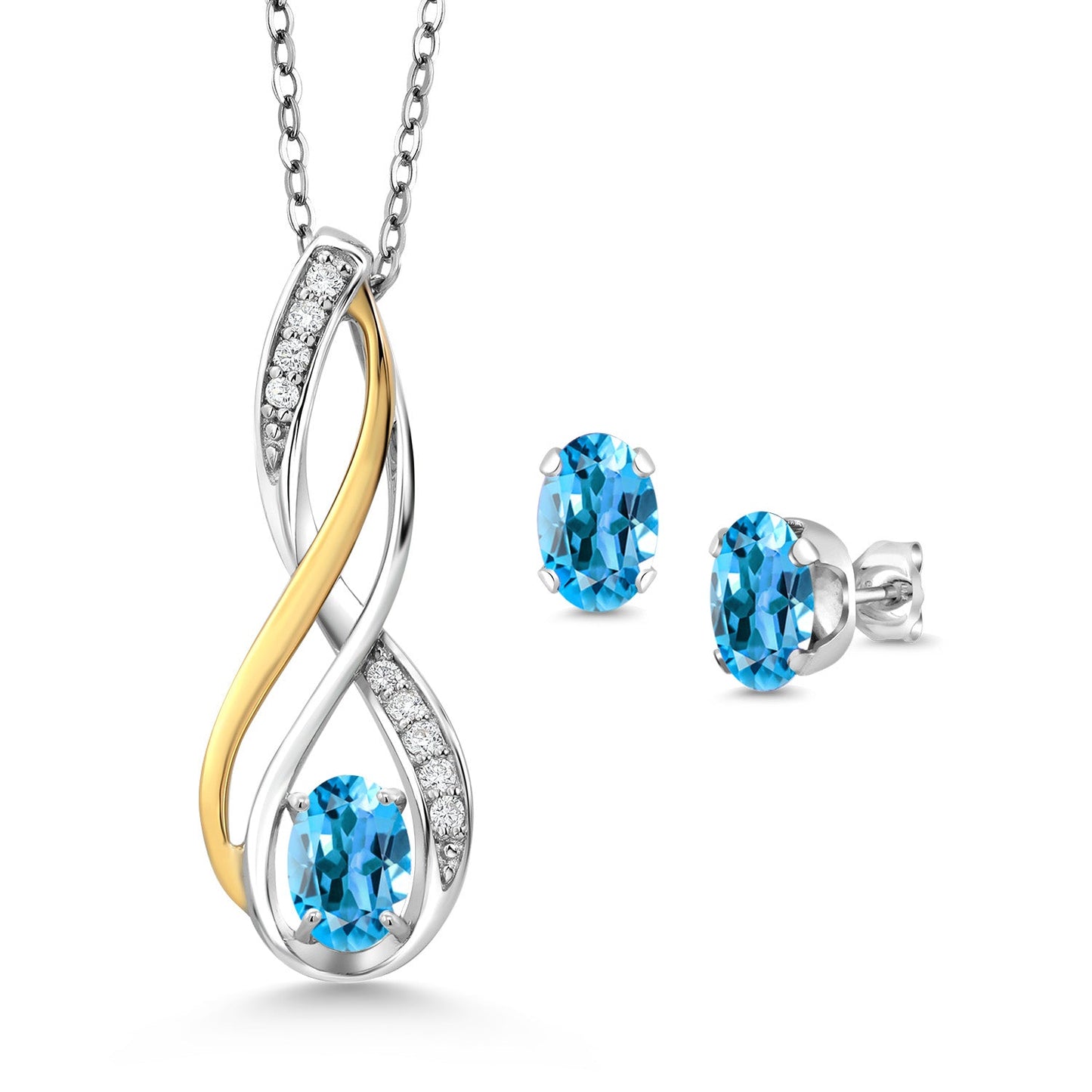 925 Silver and 10K Yellow Gold Oval 6X4MM Gemstone Birthstone and White Lab Grown Diamond Pendant and Earrings Jewelry Set For Women | With 18 Inch Chain