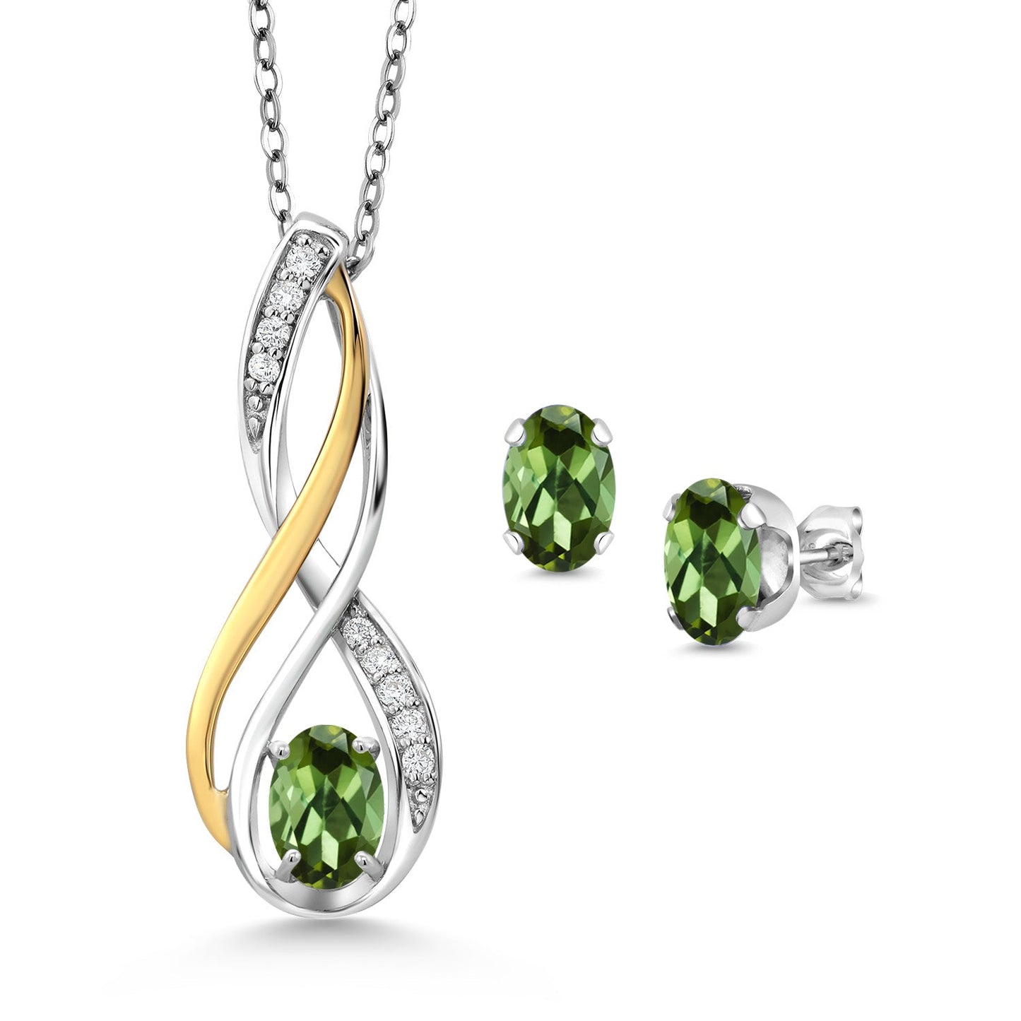925 Silver and 10K Yellow Gold Oval 6X4MM Gemstone Birthstone and White Lab Grown Diamond Pendant and Earrings Jewelry Set For Women | With 18 Inch Chain