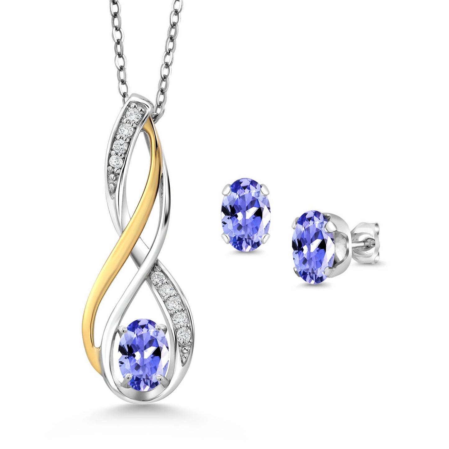 925 Silver and 10K Yellow Gold Oval 6X4MM Gemstone Birthstone and White Lab Grown Diamond Pendant and Earrings Jewelry Set For Women | With 18 Inch Chain