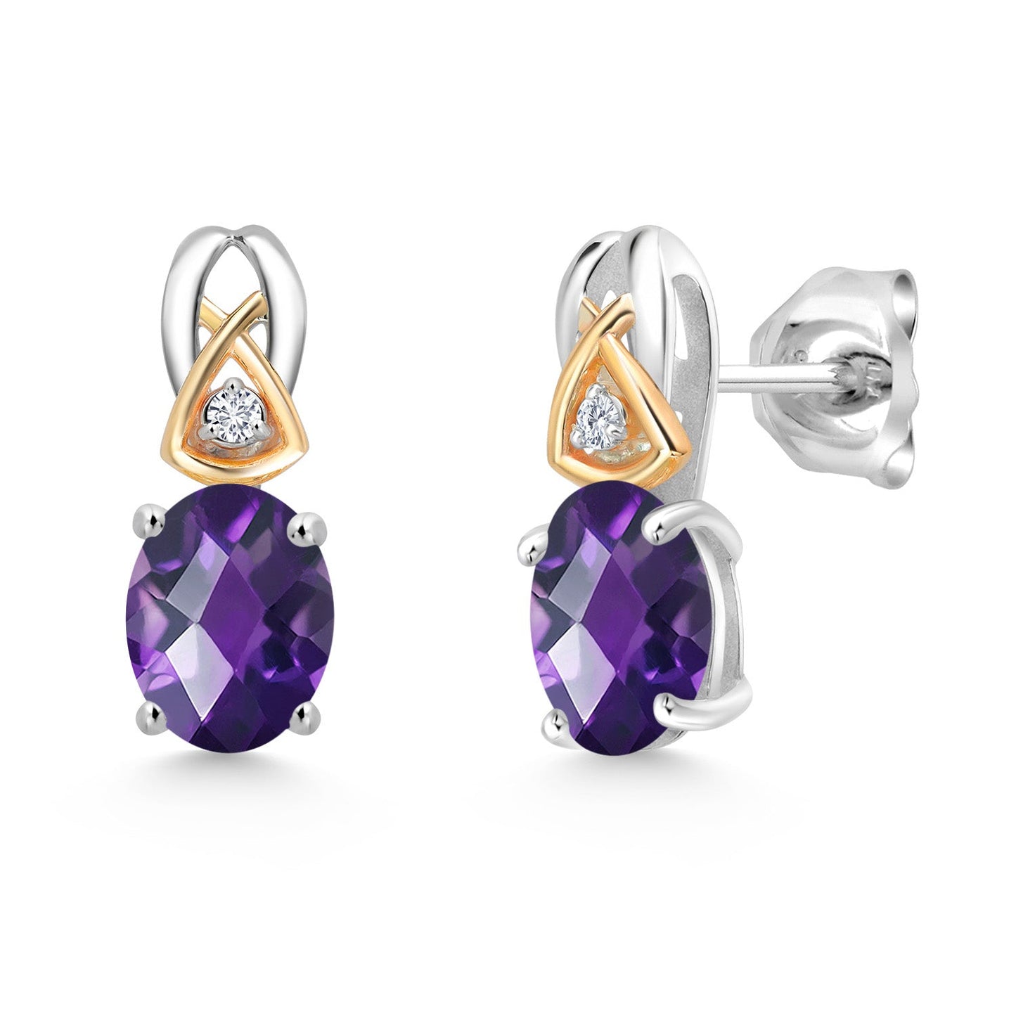 925 Sterling Silver and 10K Yellow Gold 7X5MM Oval Gemstone Birthstone and Lab Grown Diamond Earrings For Women