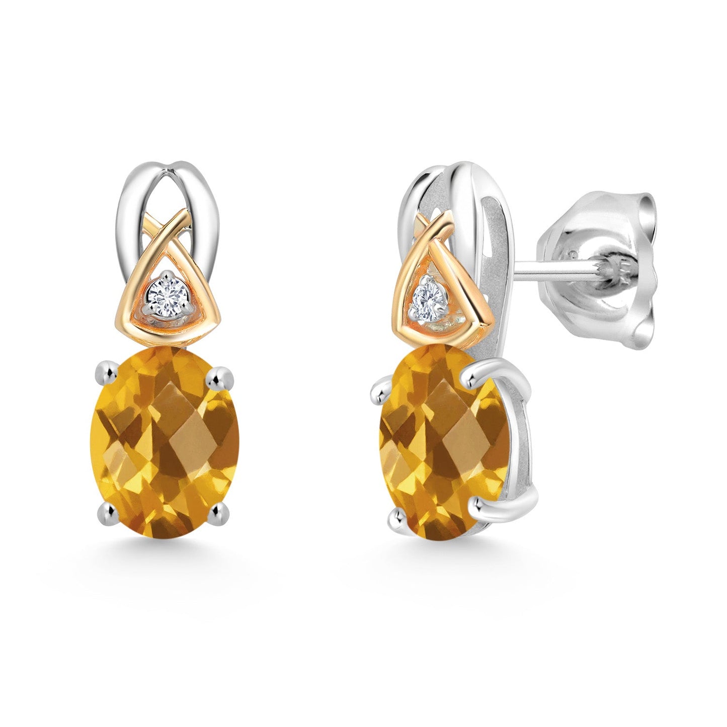 925 Sterling Silver and 10K Yellow Gold 7X5MM Oval Gemstone Birthstone and Lab Grown Diamond Earrings For Women