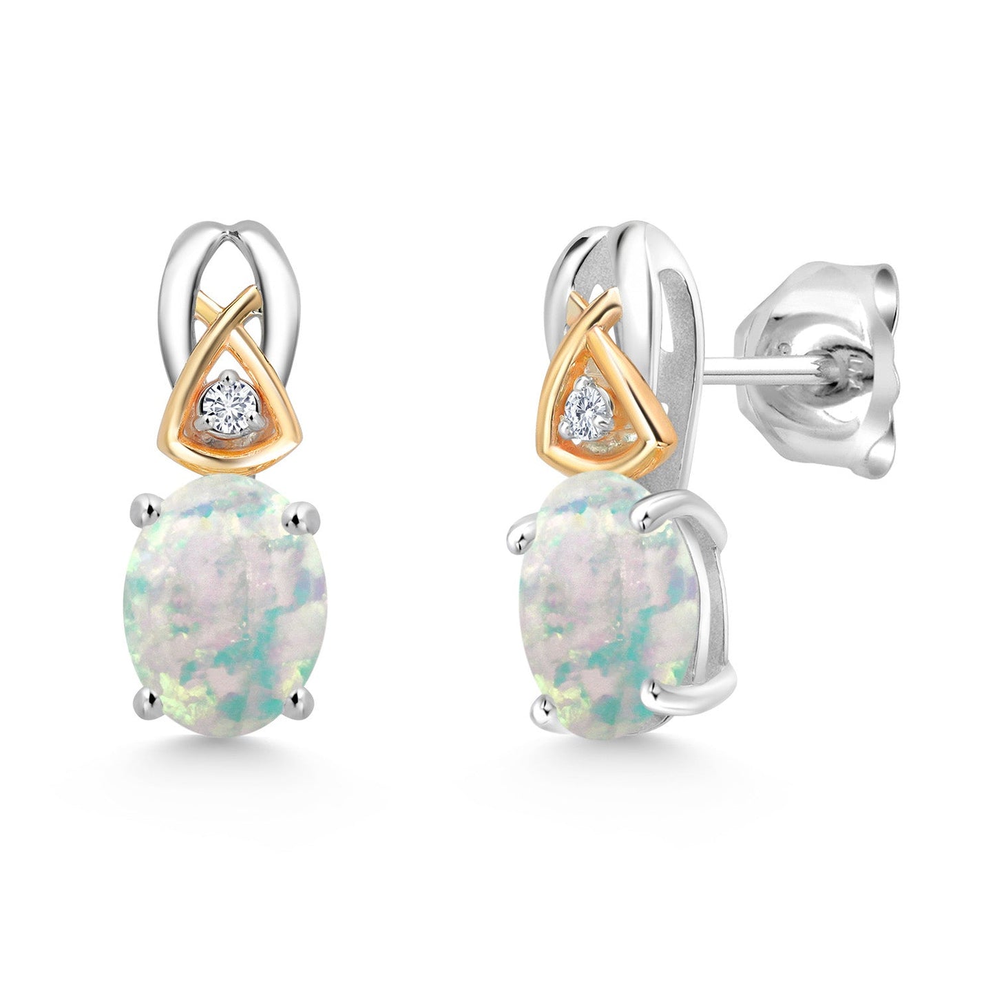 925 Sterling Silver and 10K Yellow Gold 7X5MM Oval Gemstone Birthstone and Lab Grown Diamond Earrings For Women