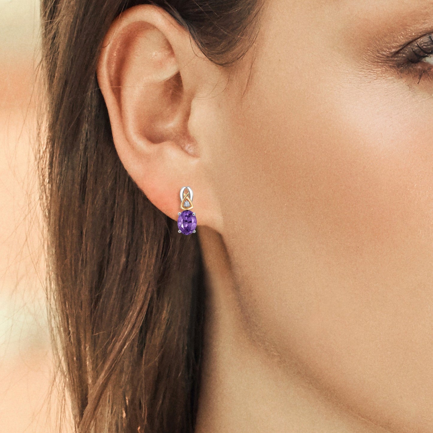 925 Sterling Silver and 10K Yellow Gold 7X5MM Oval Gemstone Birthstone and Lab Grown Diamond Earrings For Women