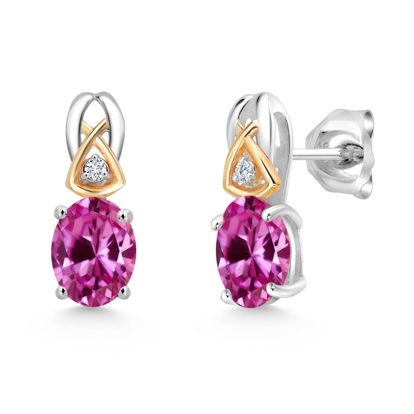 925 Sterling Silver and 10K Yellow Gold 7X5MM Oval Gemstone Birthstone and Lab Grown Diamond Earrings For Women