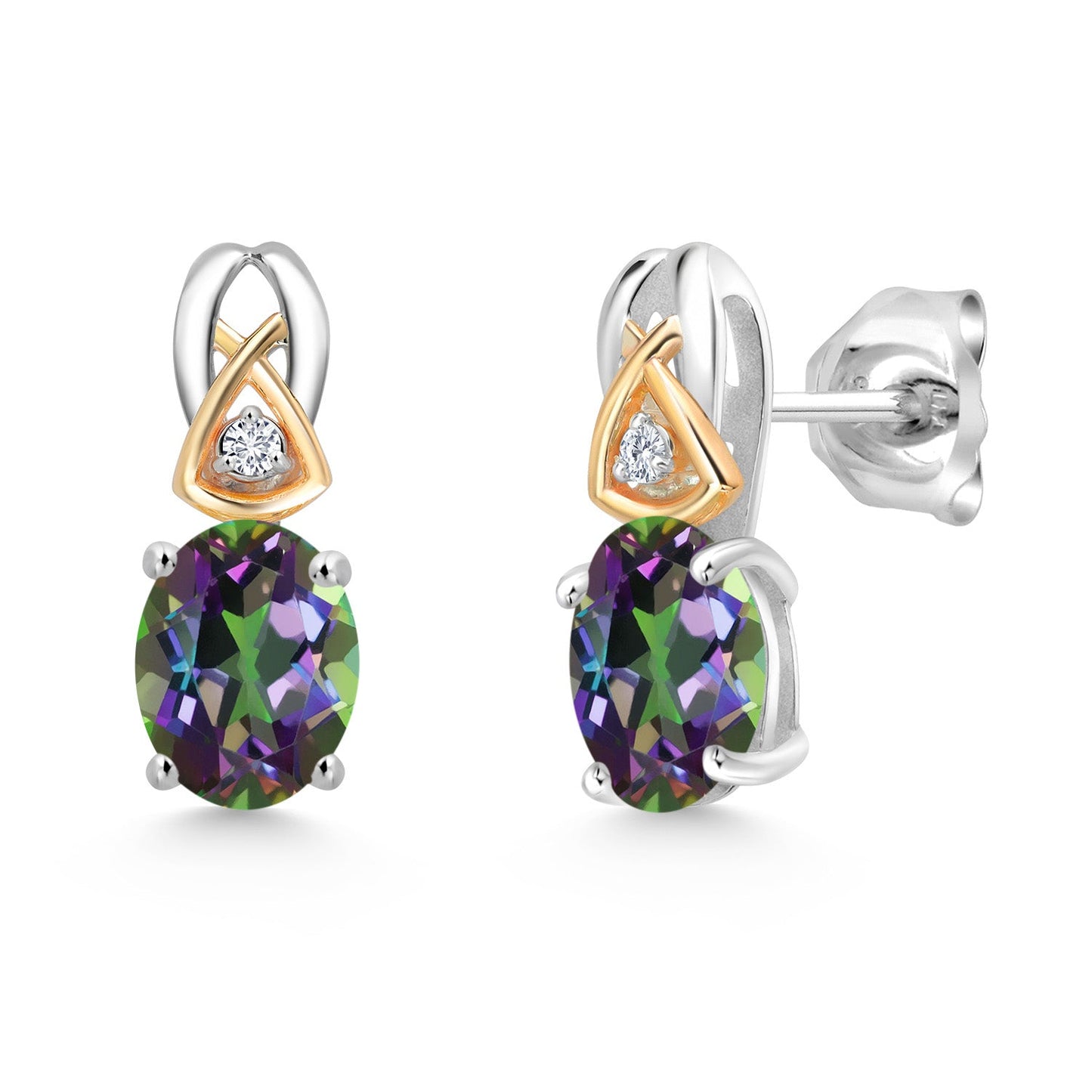 925 Sterling Silver and 10K Yellow Gold 7X5MM Oval Gemstone Birthstone and Lab Grown Diamond Earrings For Women