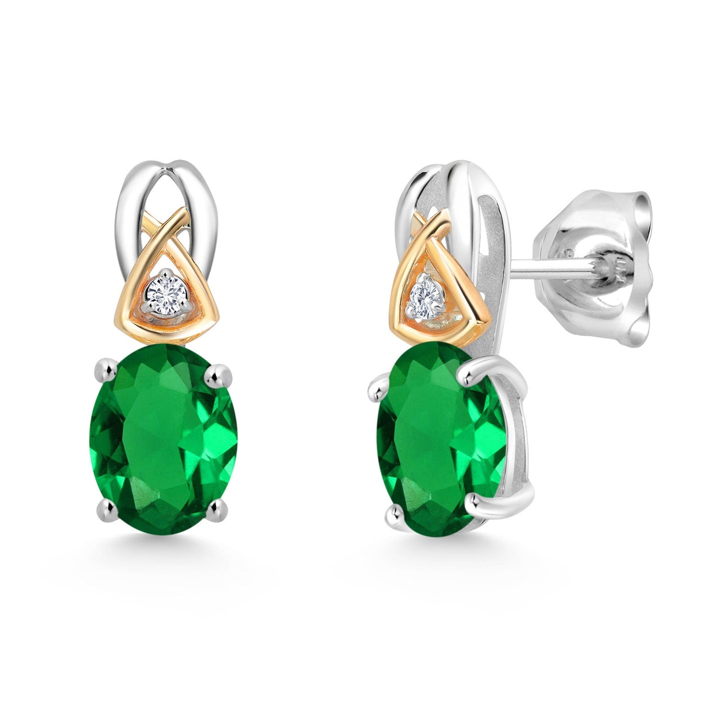 925 Sterling Silver and 10K Yellow Gold 7X5MM Oval Gemstone Birthstone and Lab Grown Diamond Earrings For Women