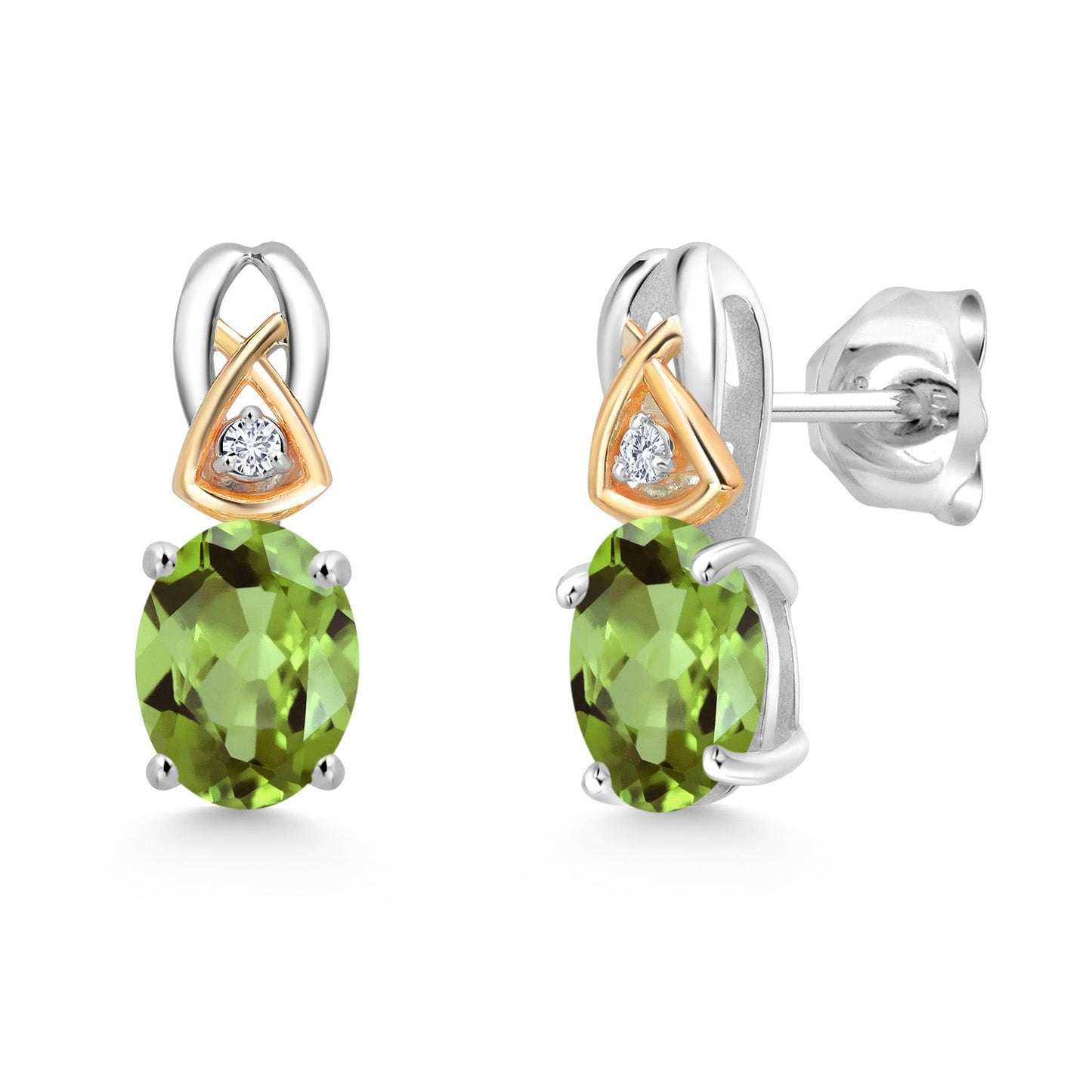 925 Sterling Silver and 10K Yellow Gold 7X5MM Oval Gemstone Birthstone and Lab Grown Diamond Earrings For Women