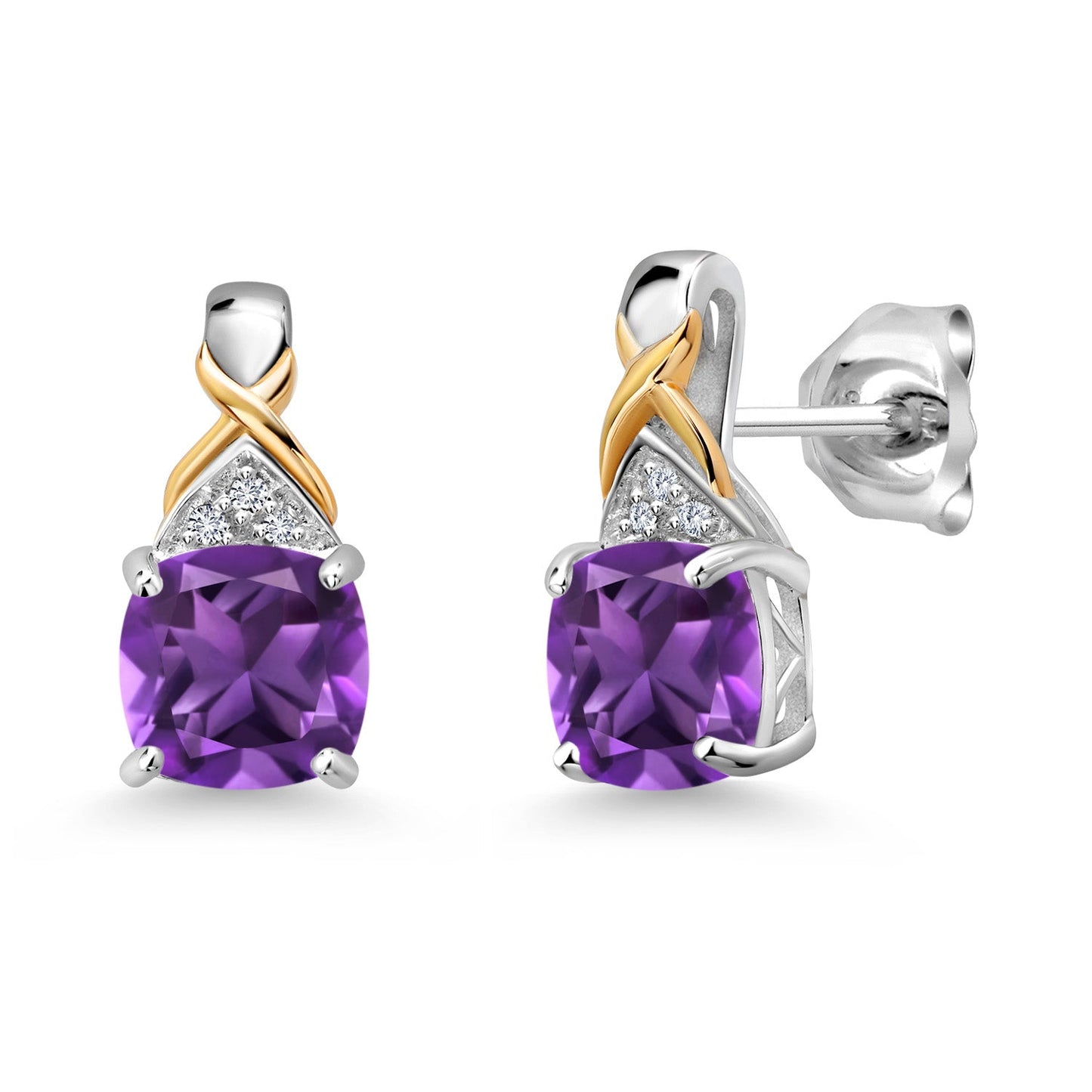 925 Sterling Silver and 10K Yellow Gold 6MM Cushion Gemstone Birthstone and White Lab Grown Diamond Earrings For Women