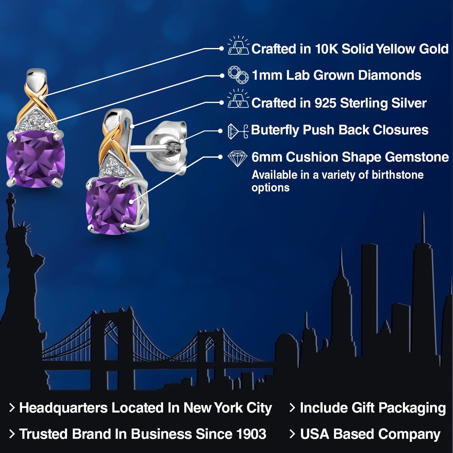 925 Sterling Silver and 10K Yellow Gold 6MM Cushion Gemstone Birthstone and White Lab Grown Diamond Earrings For Women