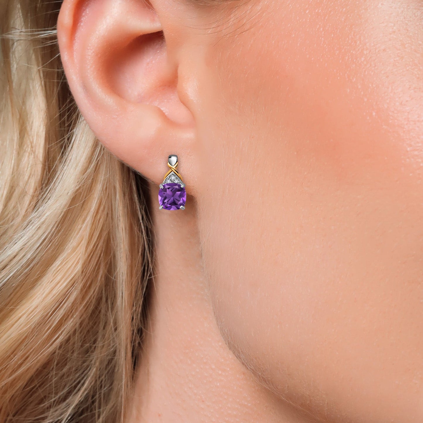 925 Sterling Silver and 10K Yellow Gold 6MM Cushion Gemstone Birthstone and White Lab Grown Diamond Earrings For Women