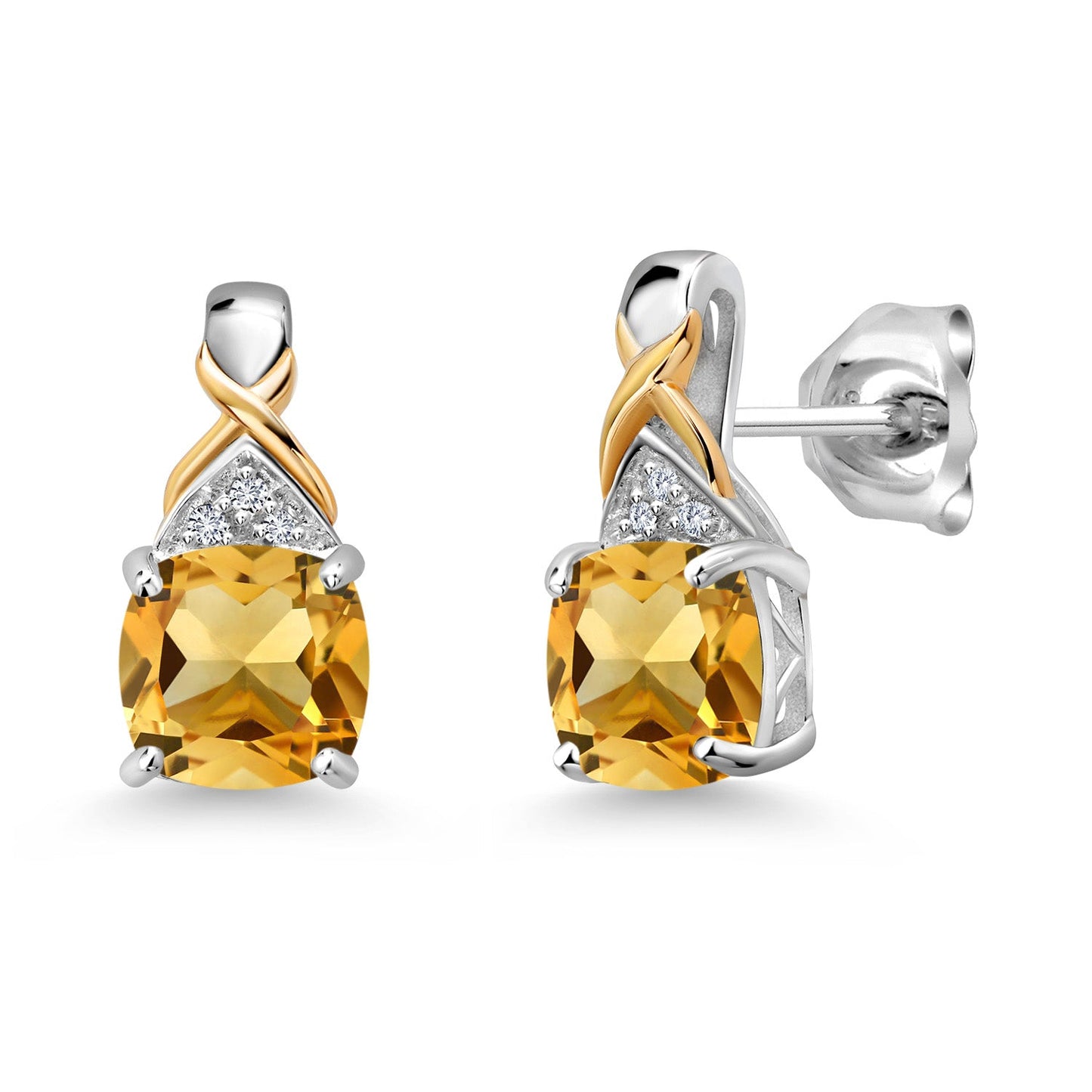 925 Sterling Silver and 10K Yellow Gold 6MM Cushion Gemstone Birthstone and White Lab Grown Diamond Earrings For Women