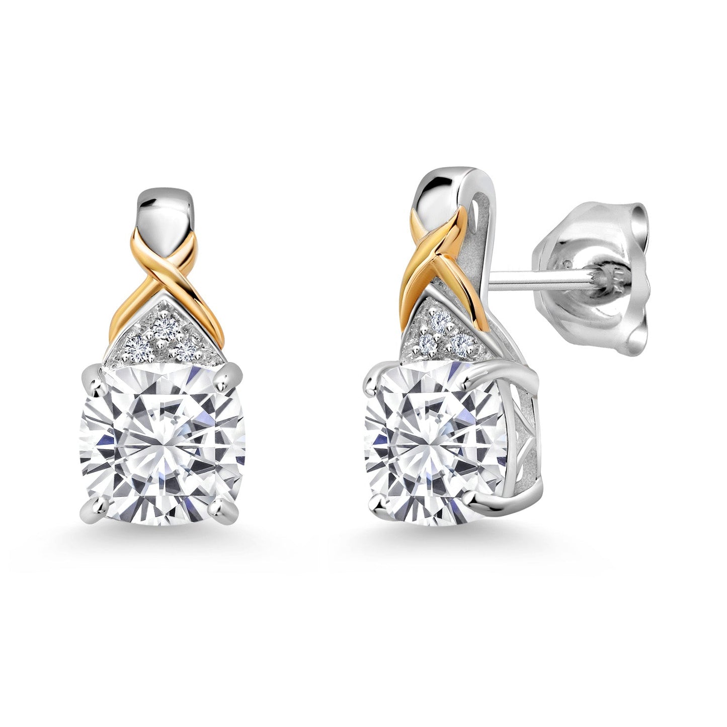 925 Sterling Silver and 10K Yellow Gold 6MM Cushion Gemstone Birthstone and White Lab Grown Diamond Earrings For Women