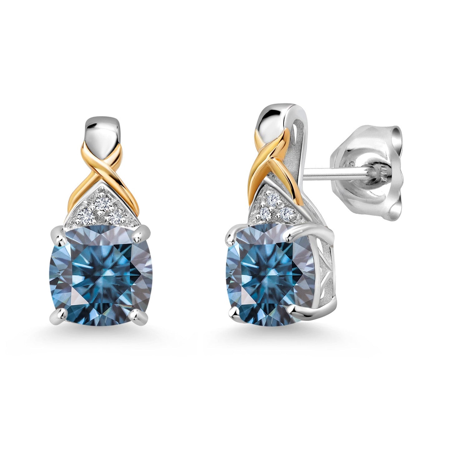 925 Sterling Silver and 10K Yellow Gold 6MM Cushion Gemstone Birthstone and White Lab Grown Diamond Earrings For Women