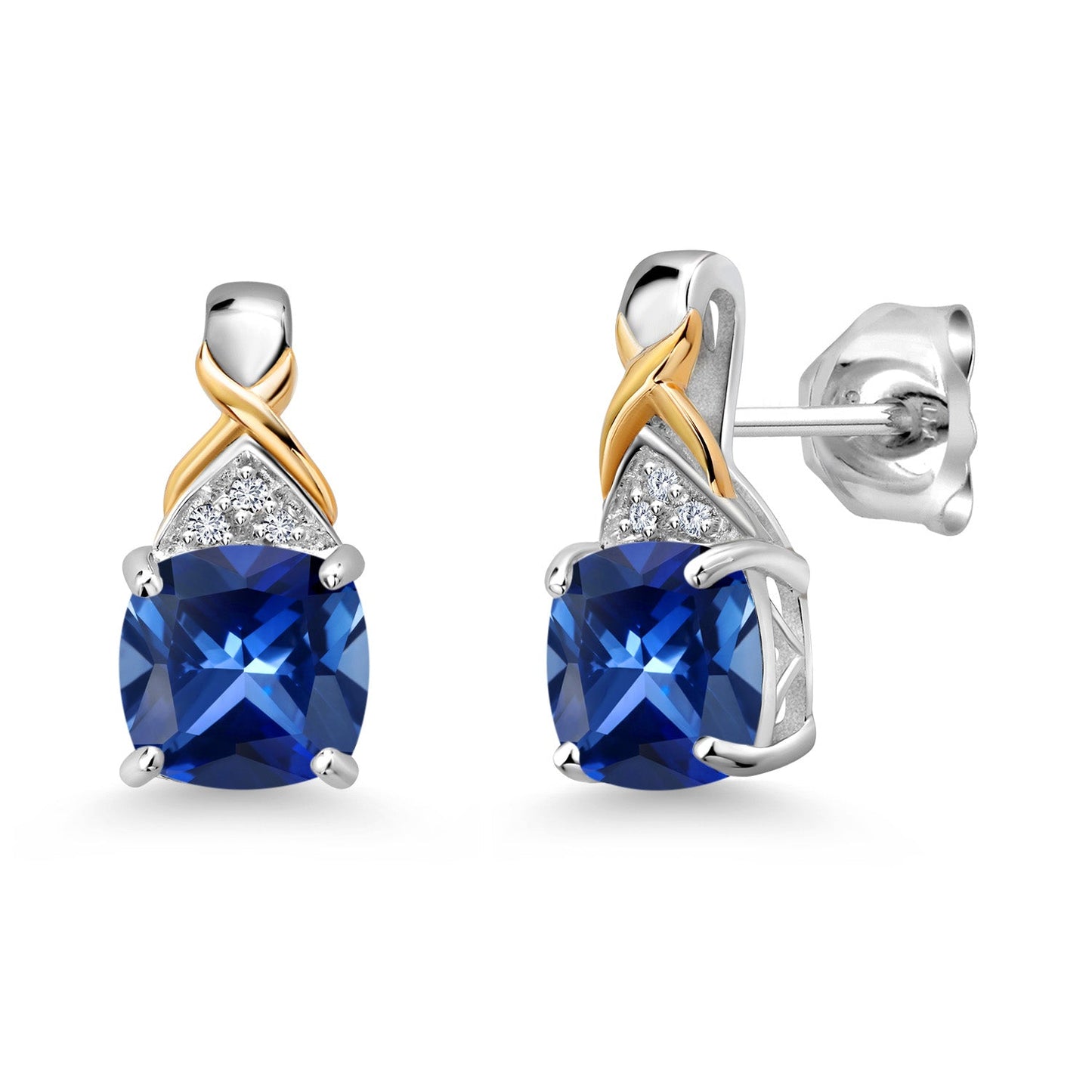925 Sterling Silver and 10K Yellow Gold 6MM Cushion Gemstone Birthstone and White Lab Grown Diamond Earrings For Women