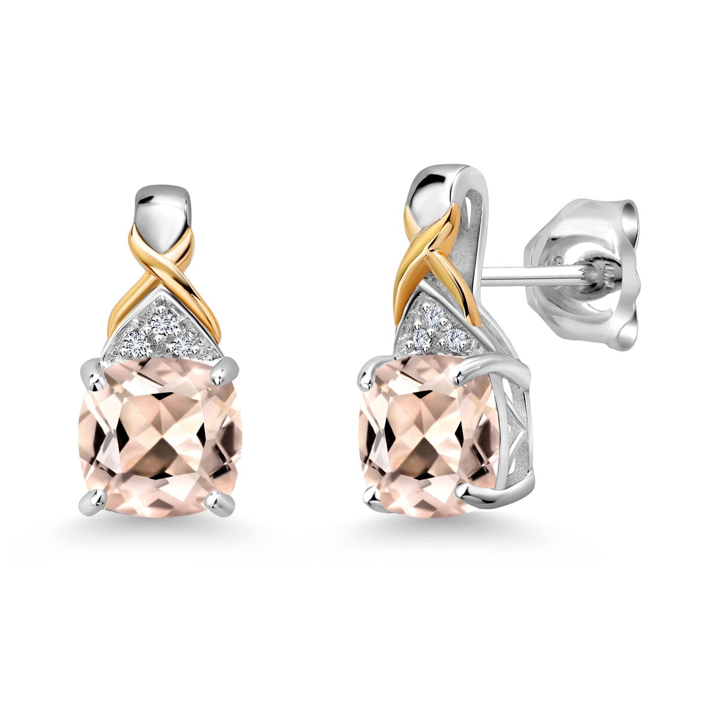 925 Sterling Silver and 10K Yellow Gold 6MM Cushion Gemstone Birthstone and White Lab Grown Diamond Earrings For Women