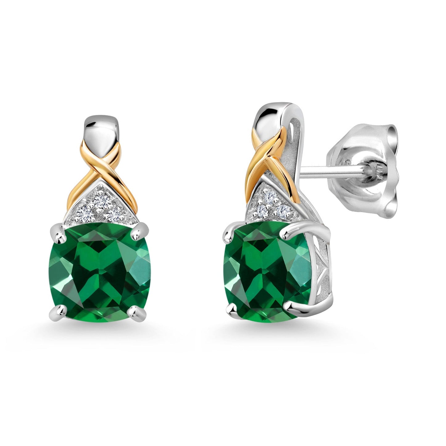 925 Sterling Silver and 10K Yellow Gold 6MM Cushion Gemstone Birthstone and White Lab Grown Diamond Earrings For Women