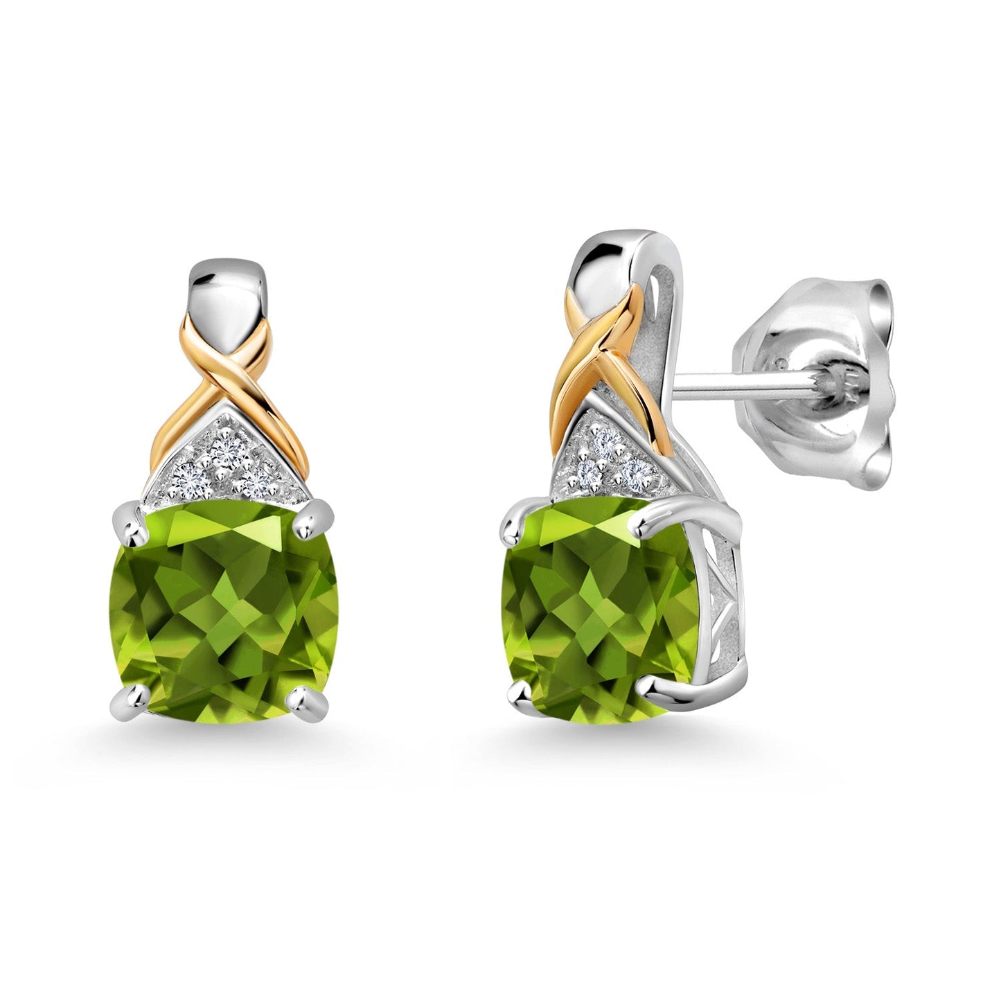 925 Sterling Silver and 10K Yellow Gold 6MM Cushion Gemstone Birthstone and White Lab Grown Diamond Earrings For Women