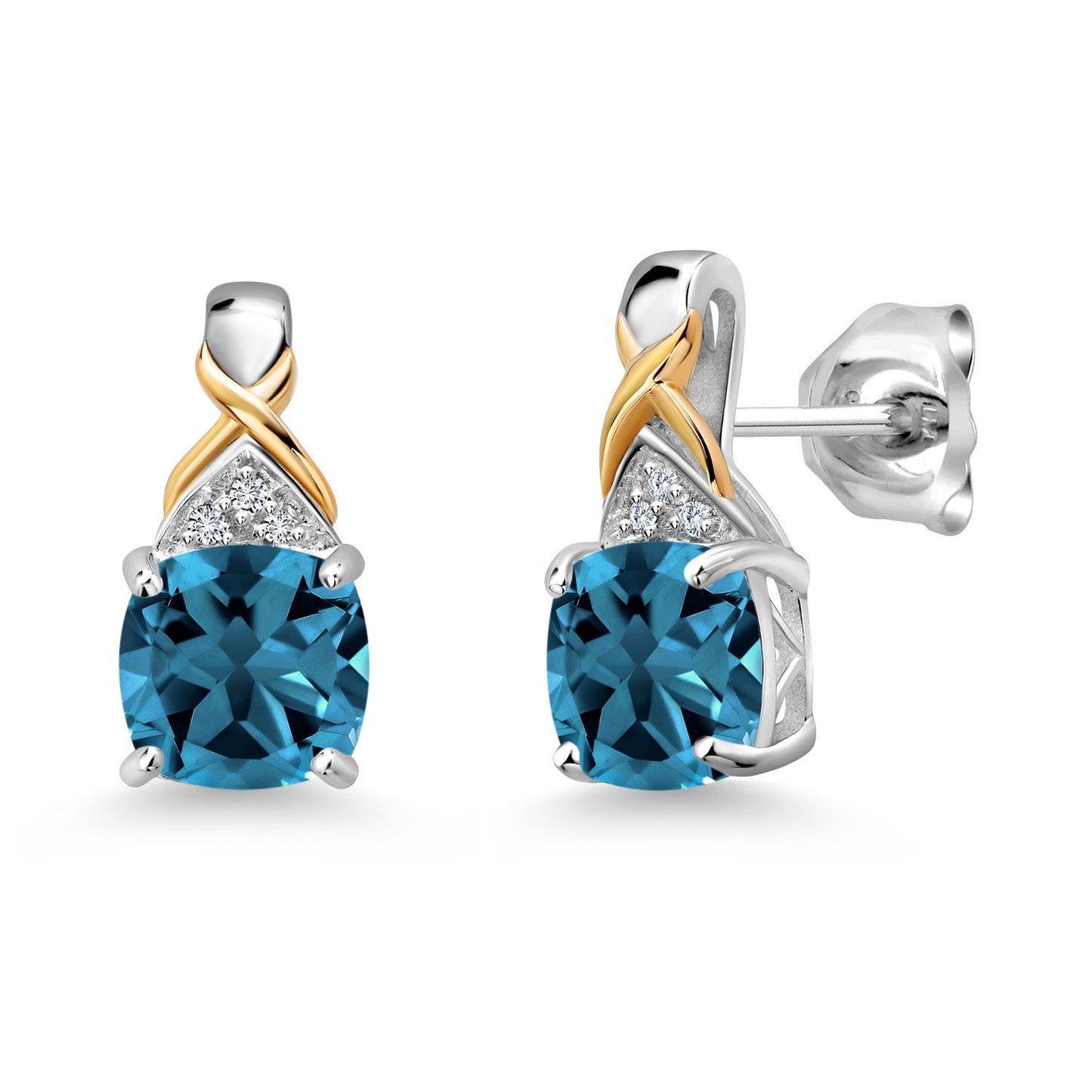 925 Sterling Silver and 10K Yellow Gold 6MM Cushion Gemstone Birthstone and White Lab Grown Diamond Earrings For Women