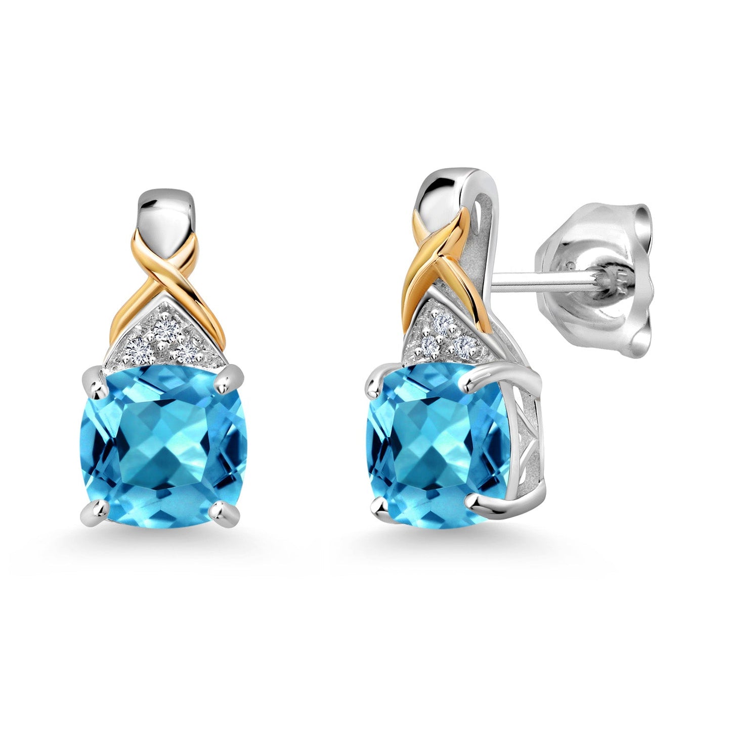 925 Sterling Silver and 10K Yellow Gold 6MM Cushion Gemstone Birthstone and White Lab Grown Diamond Earrings For Women