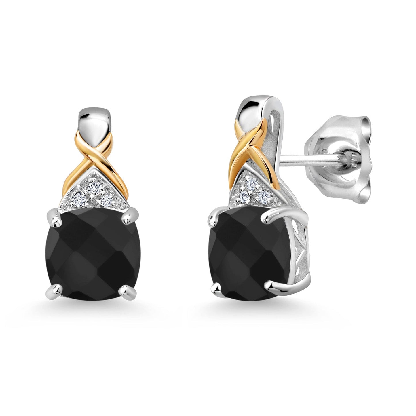 925 Sterling Silver and 10K Yellow Gold 6MM Cushion Gemstone Birthstone and White Lab Grown Diamond Earrings For Women