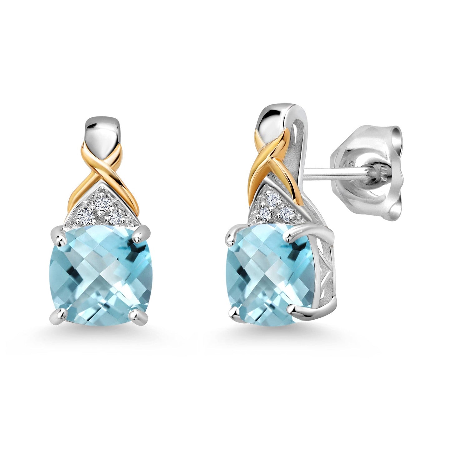 925 Sterling Silver and 10K Yellow Gold 6MM Cushion Gemstone Birthstone and White Lab Grown Diamond Earrings For Women