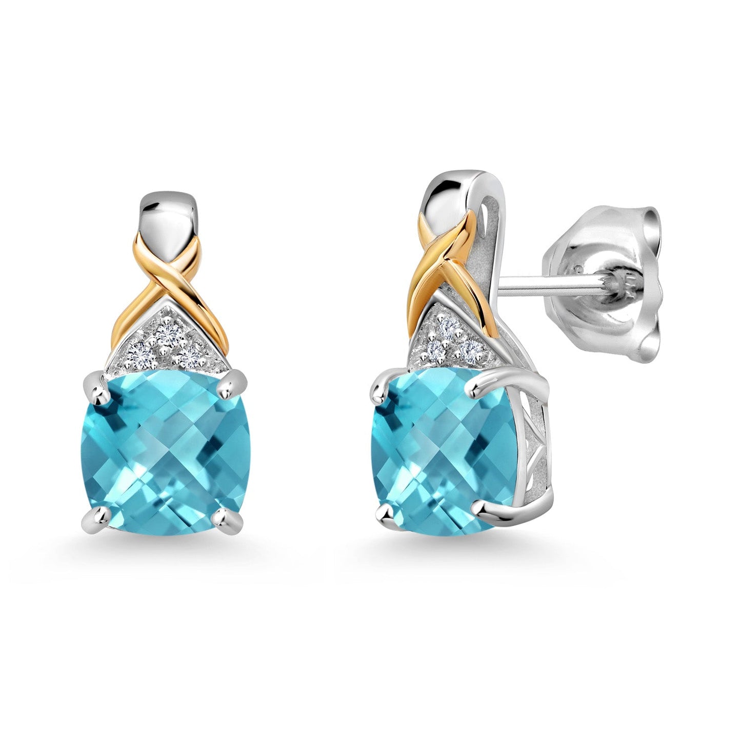 925 Sterling Silver and 10K Yellow Gold 6MM Cushion Gemstone Birthstone and White Lab Grown Diamond Earrings For Women