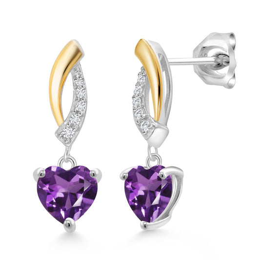 925 Sterling Silver and 10K Yellow Gold 6MM Heart Shape Gemstone Birthstone and White Lab Grown Diamond Dangle Earrings For Women