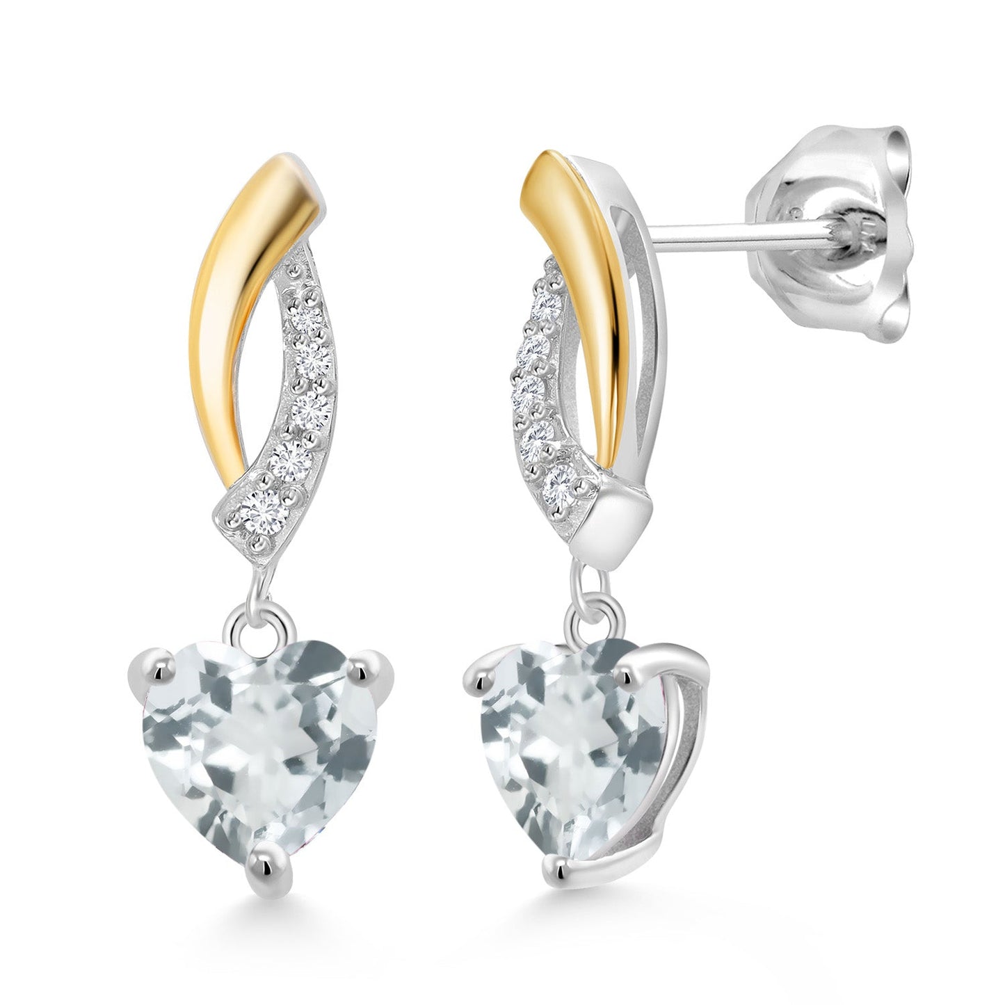 925 Sterling Silver and 10K Yellow Gold 6MM Heart Shape Gemstone Birthstone and White Lab Grown Diamond Dangle Earrings For Women