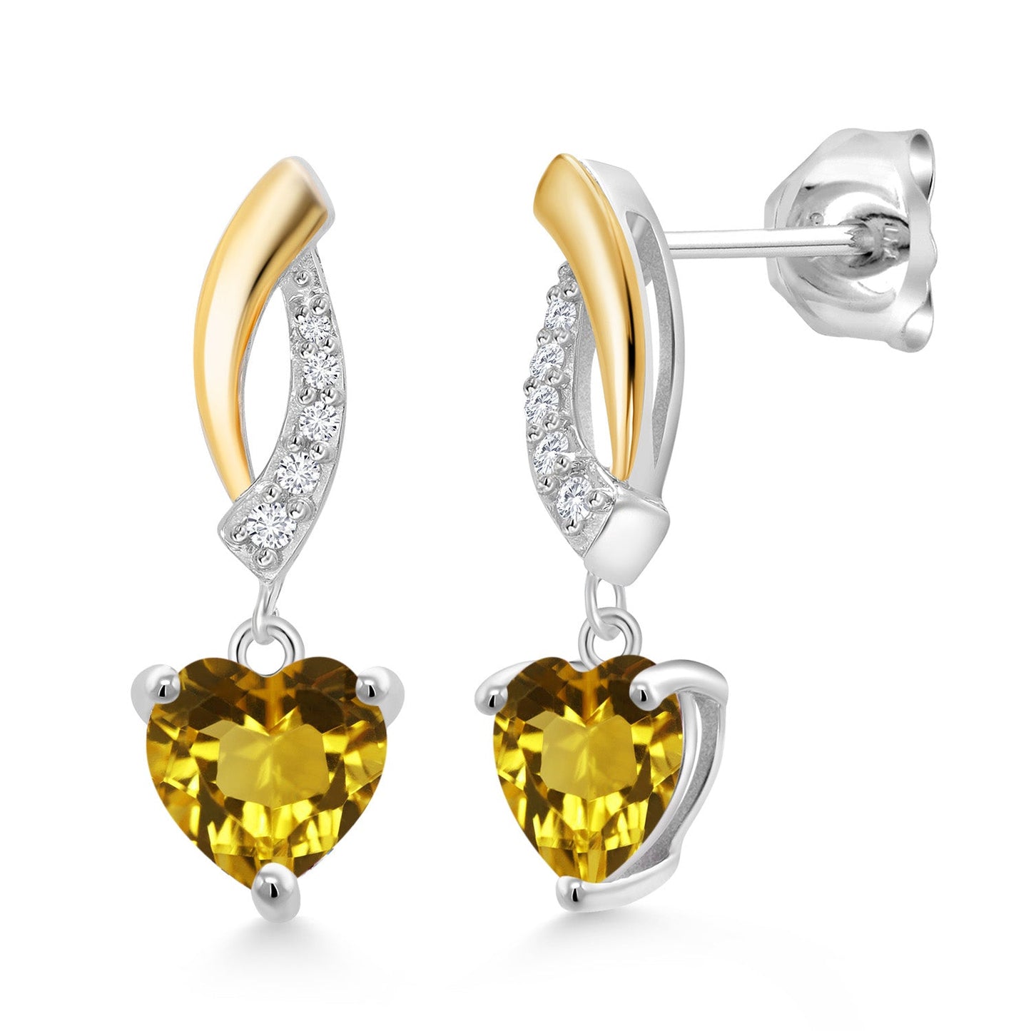 925 Sterling Silver and 10K Yellow Gold 6MM Heart Shape Gemstone Birthstone and White Lab Grown Diamond Dangle Earrings For Women