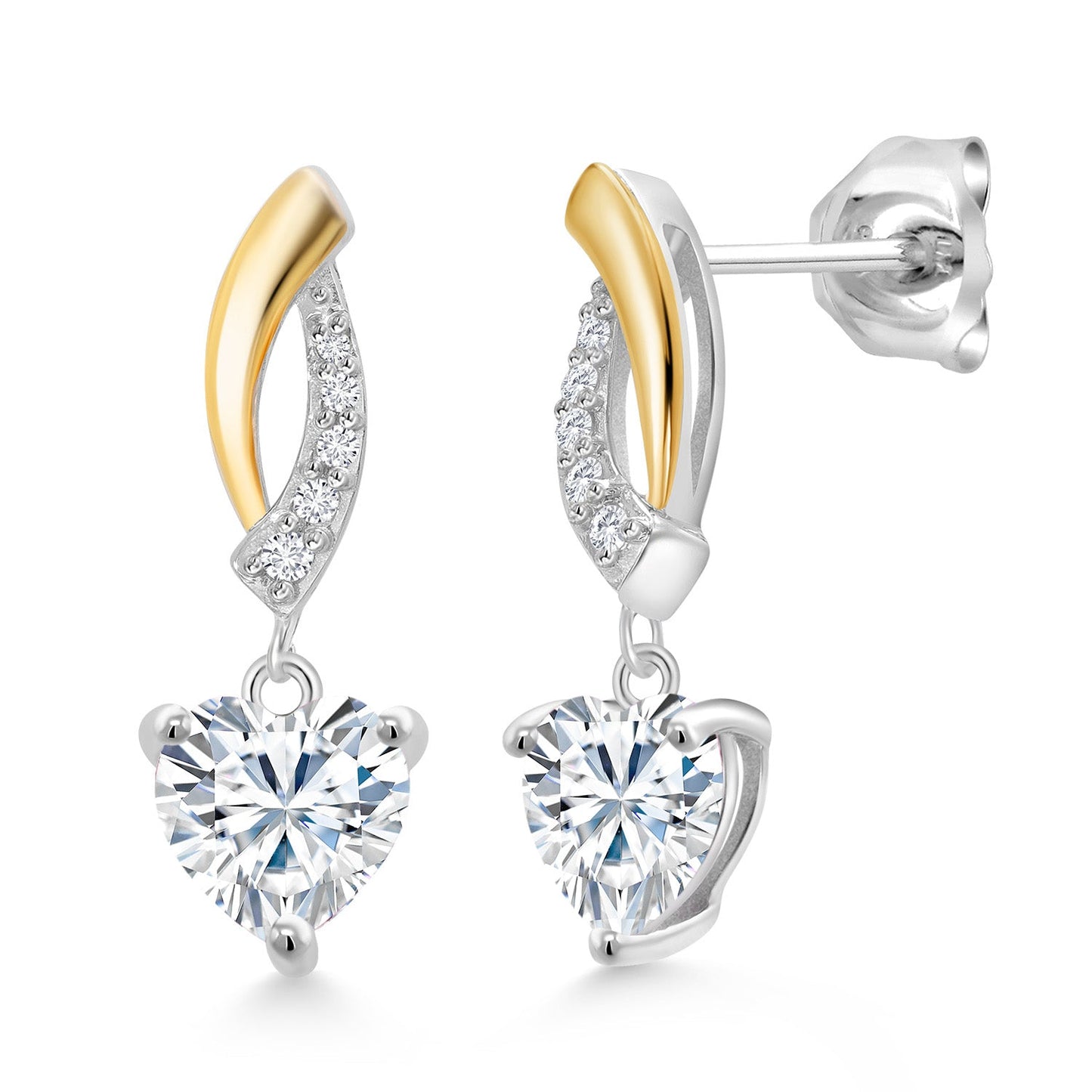 925 Sterling Silver and 10K Yellow Gold 6MM Heart Shape Gemstone Birthstone and White Lab Grown Diamond Dangle Earrings For Women