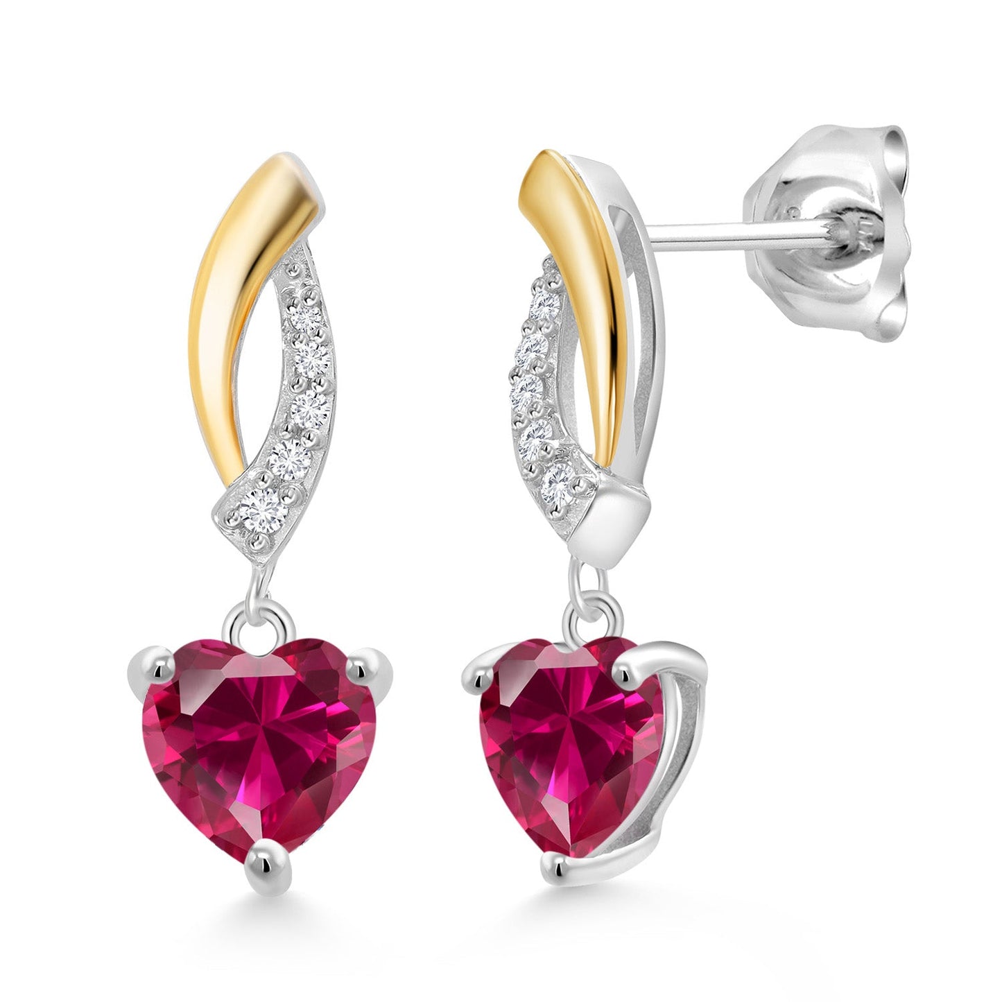 925 Sterling Silver and 10K Yellow Gold 6MM Heart Shape Gemstone Birthstone and White Lab Grown Diamond Dangle Earrings For Women