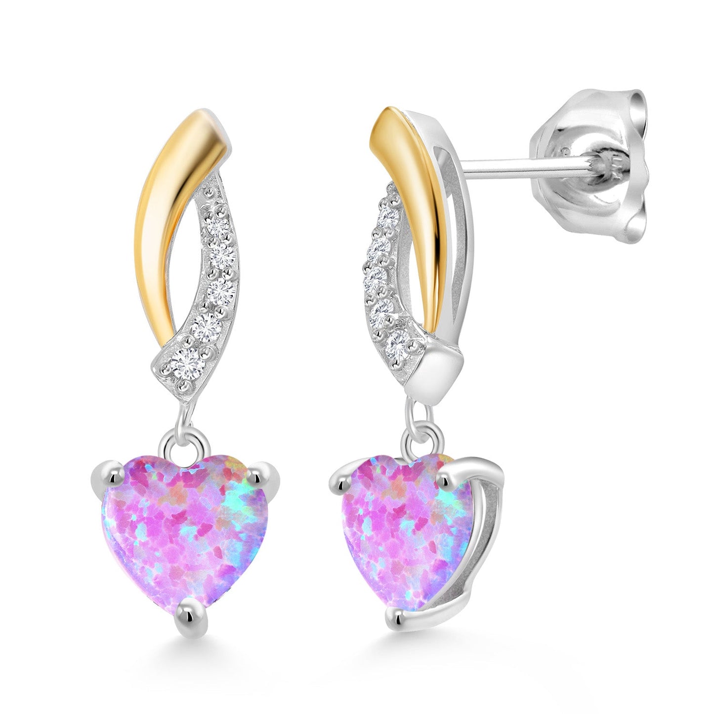 925 Sterling Silver and 10K Yellow Gold 6MM Heart Shape Gemstone Birthstone and White Lab Grown Diamond Dangle Earrings For Women