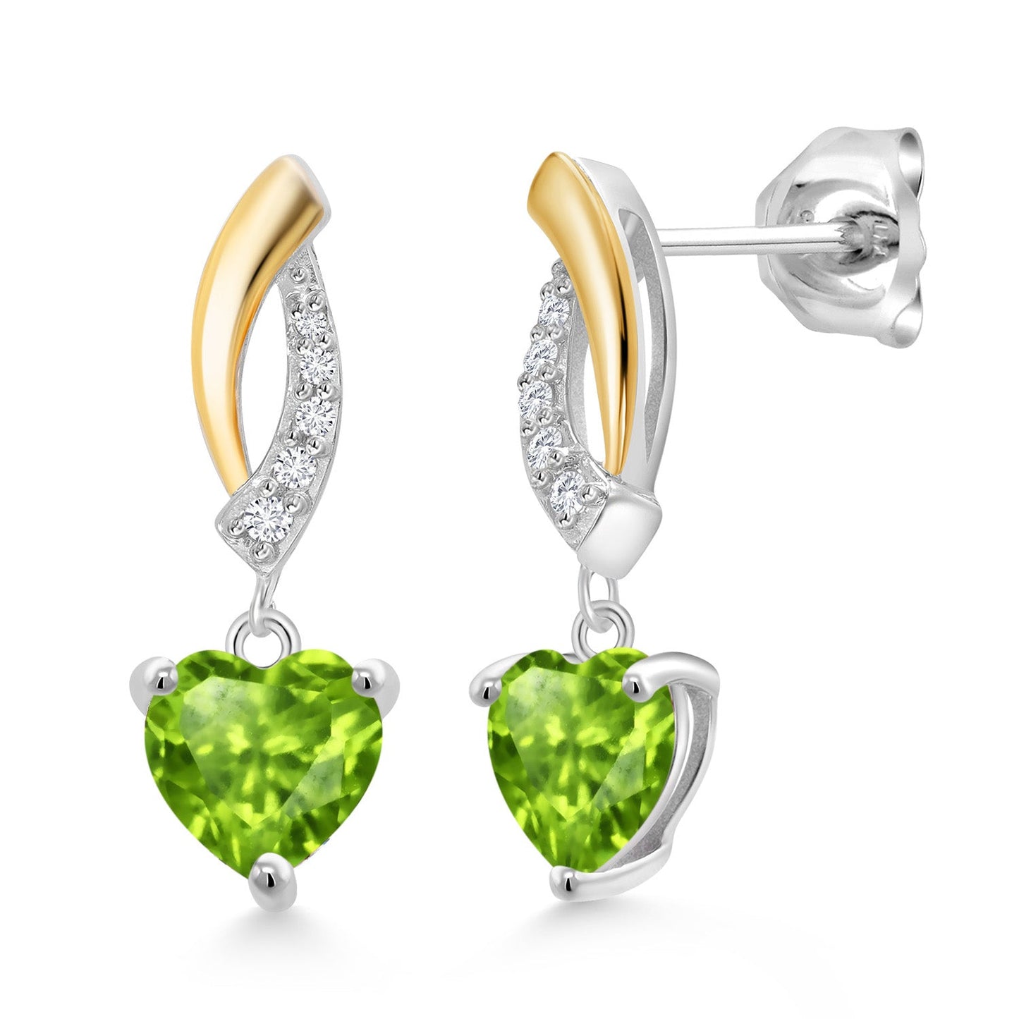 925 Sterling Silver and 10K Yellow Gold 6MM Heart Shape Gemstone Birthstone and White Lab Grown Diamond Dangle Earrings For Women