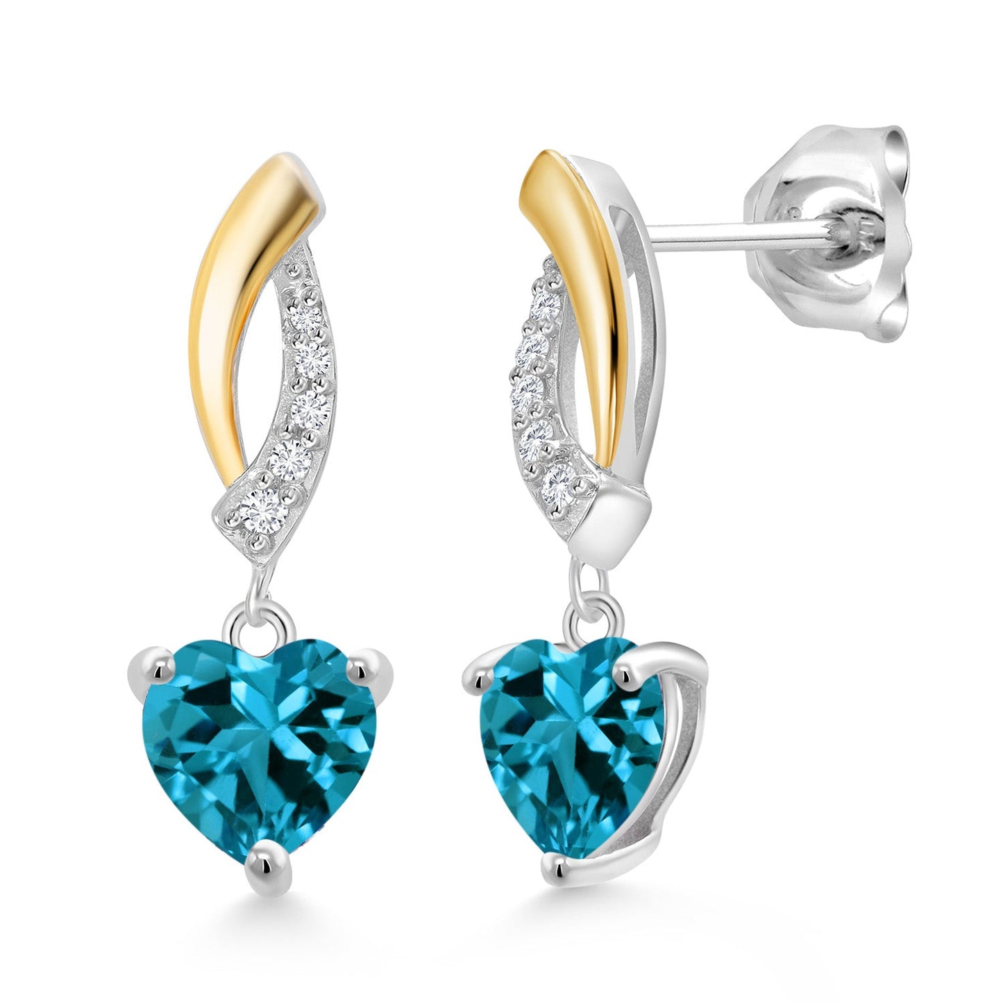 925 Sterling Silver and 10K Yellow Gold 6MM Heart Shape Gemstone Birthstone and White Lab Grown Diamond Dangle Earrings For Women