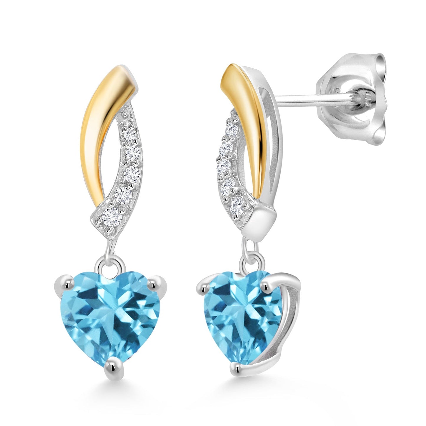 925 Sterling Silver and 10K Yellow Gold 6MM Heart Shape Gemstone Birthstone and White Lab Grown Diamond Dangle Earrings For Women