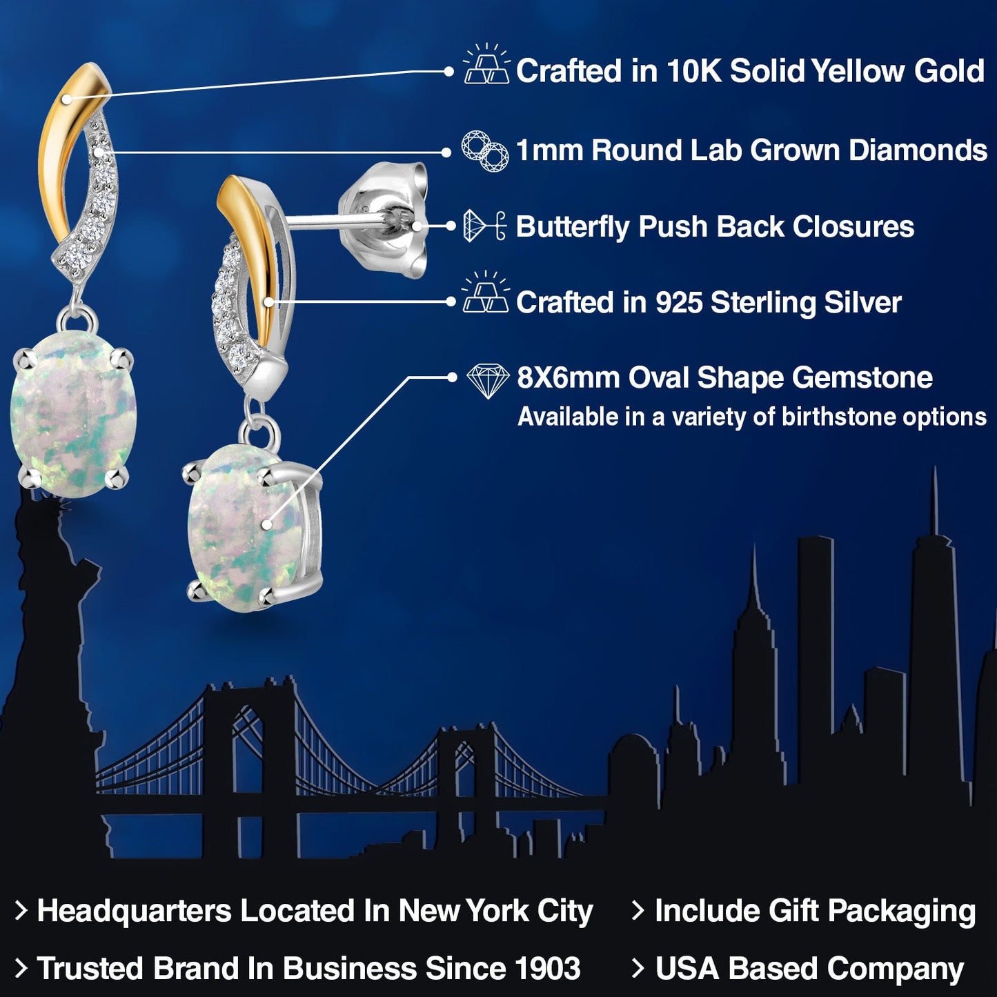 Drop Dangle Earrings For Women | 8X6MM Oval Gemstone Birthstone and Lab Grown Diamond | 925 Silver and 10K Yellow Gold | Fine Jewelry Gifts for Her Mom Women Wife