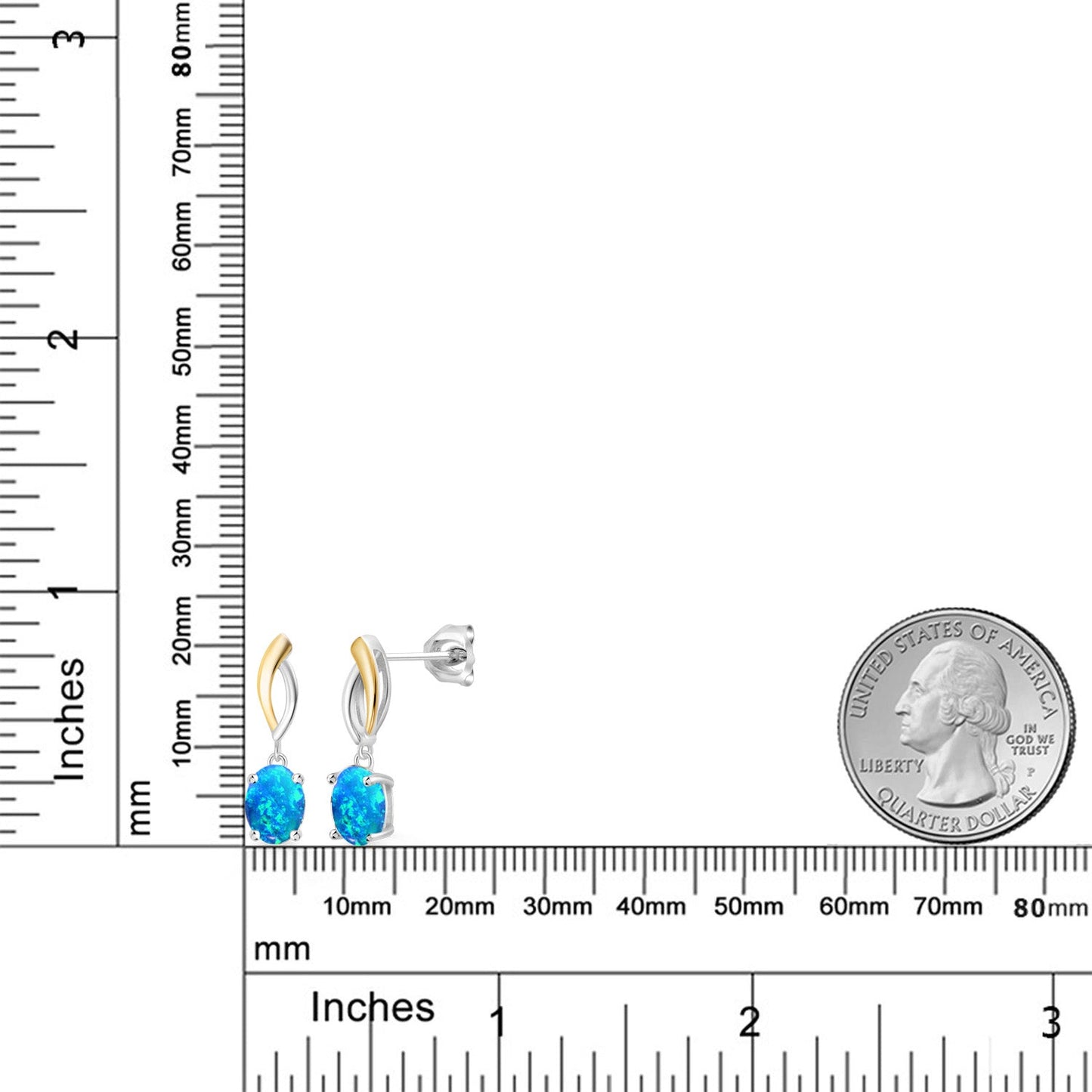 925 Silver and 10K Yellow Gold Cabochon Blue Simulated Opal Dangle Earrings For Women (2.12 Cttw, Oval 8X6MM)