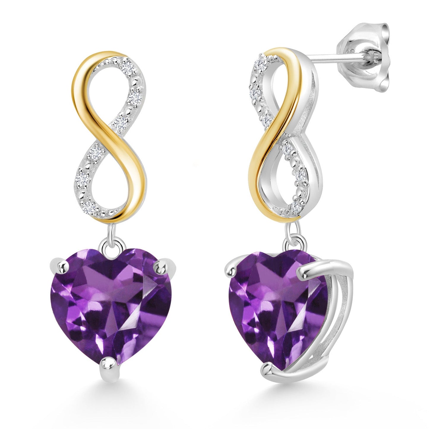 925 Sterling Silver and 10K Yellow Gold Heart Shape 10MM Gemstone Birthstone and White Lab Grown Diamond Infininty Dangle Earrings For Women By Keren Hanan