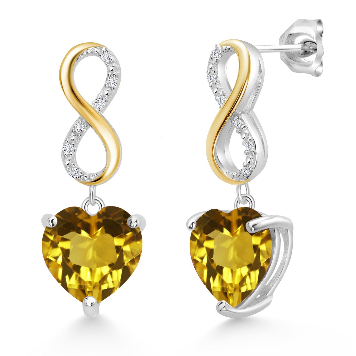 925 Sterling Silver and 10K Yellow Gold Heart Shape 10MM Gemstone Birthstone and White Lab Grown Diamond Infininty Dangle Earrings For Women By Keren Hanan