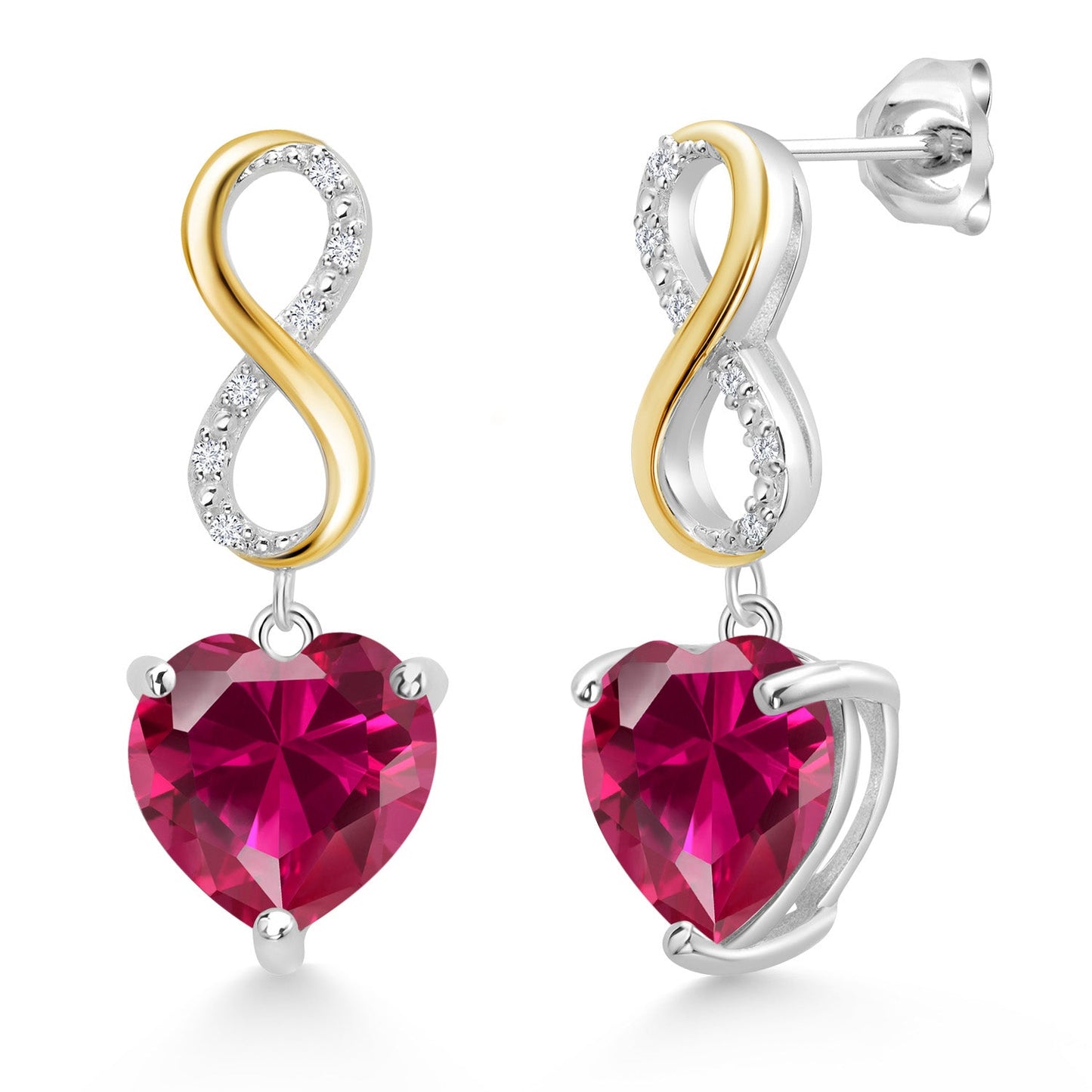 925 Sterling Silver and 10K Yellow Gold Heart Shape 10MM Gemstone Birthstone and White Lab Grown Diamond Infininty Dangle Earrings For Women By Keren Hanan