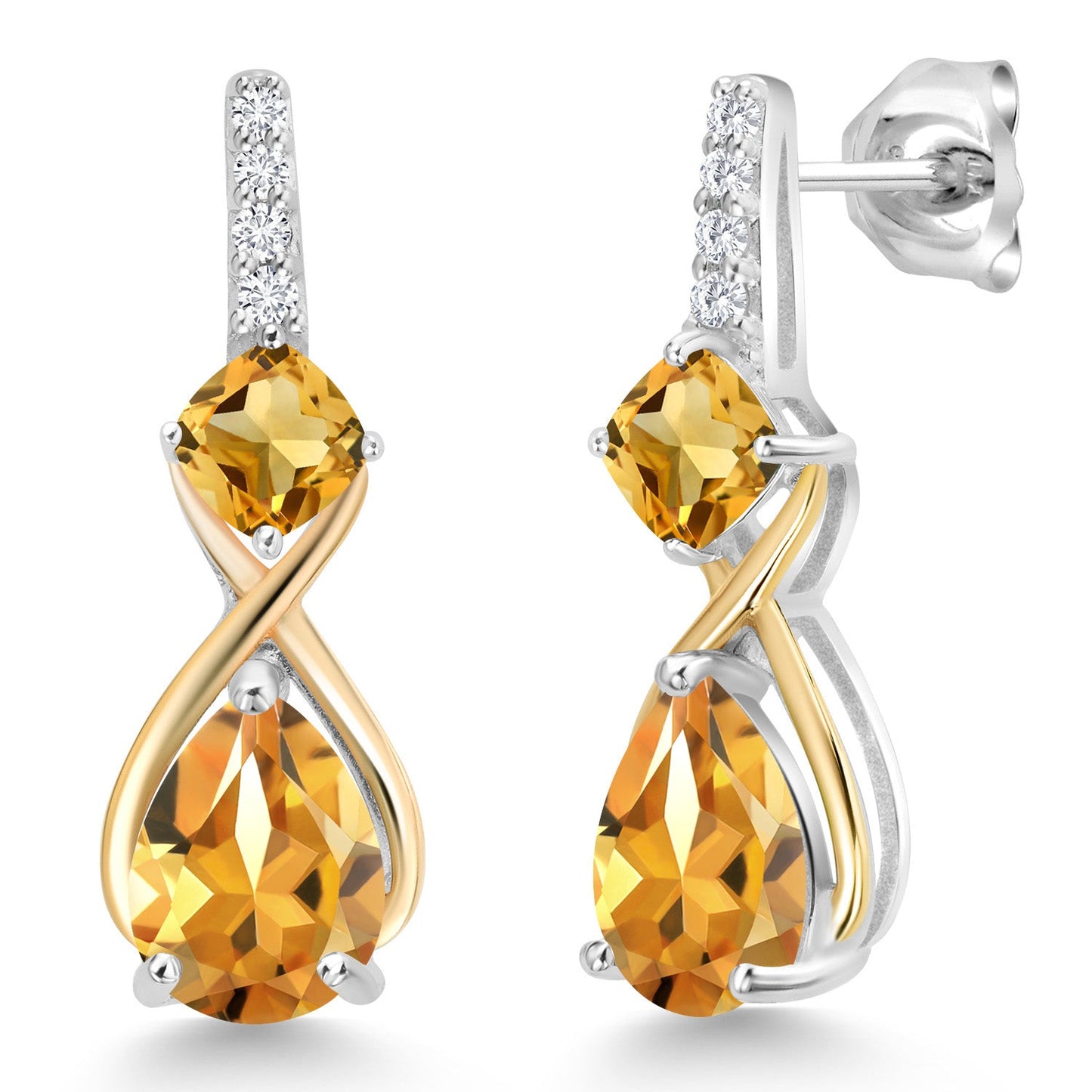 925 Silver and 10K Yellow Gold Gemstone Birthstone and Accent Lab Grown Diamond Dangle Earrings | Pear Shape and Cushion |Two-Tone Infinity Dangle Earrings For Women