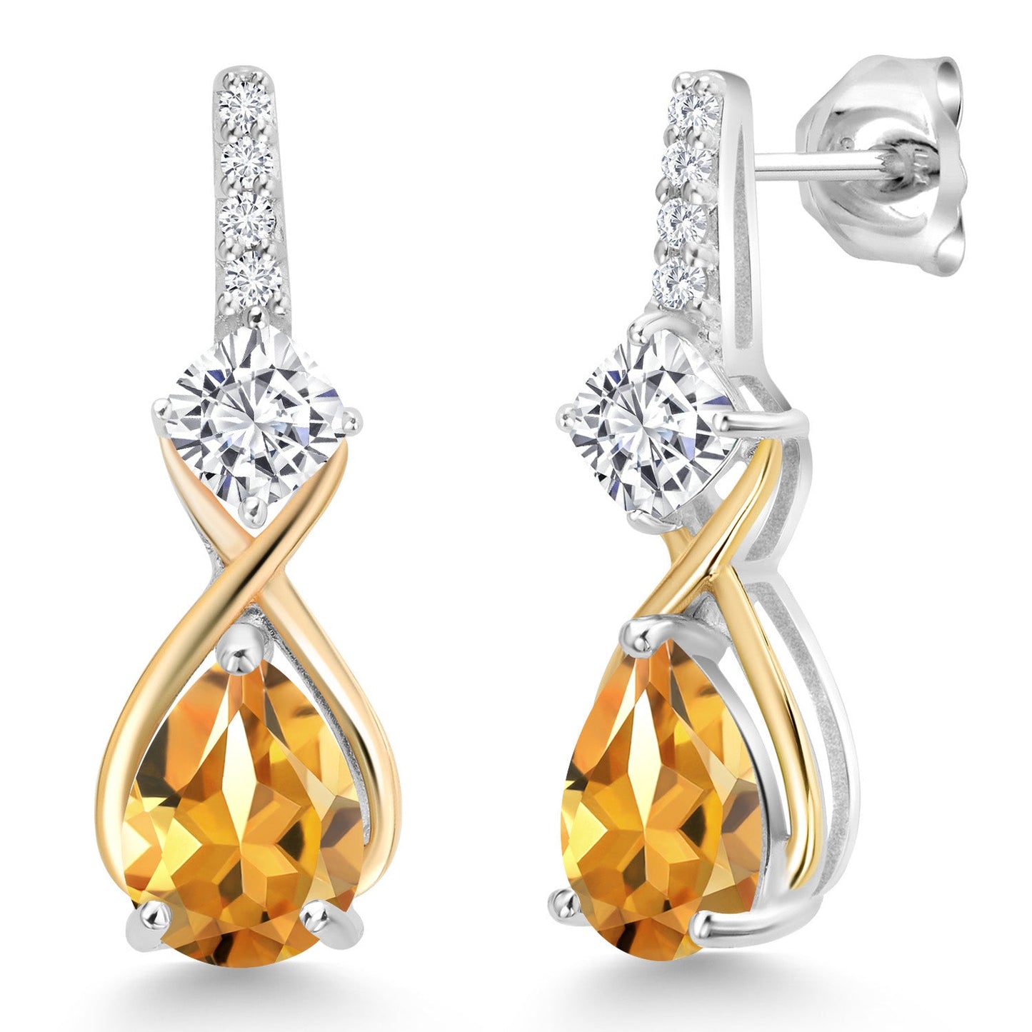 925 Silver and 10K Yellow Gold Gemstone Birthstone and Accent Lab Grown Diamond Dangle Earrings | Pear Shape and Cushion |Two-Tone Infinity Dangle Earrings For Women
