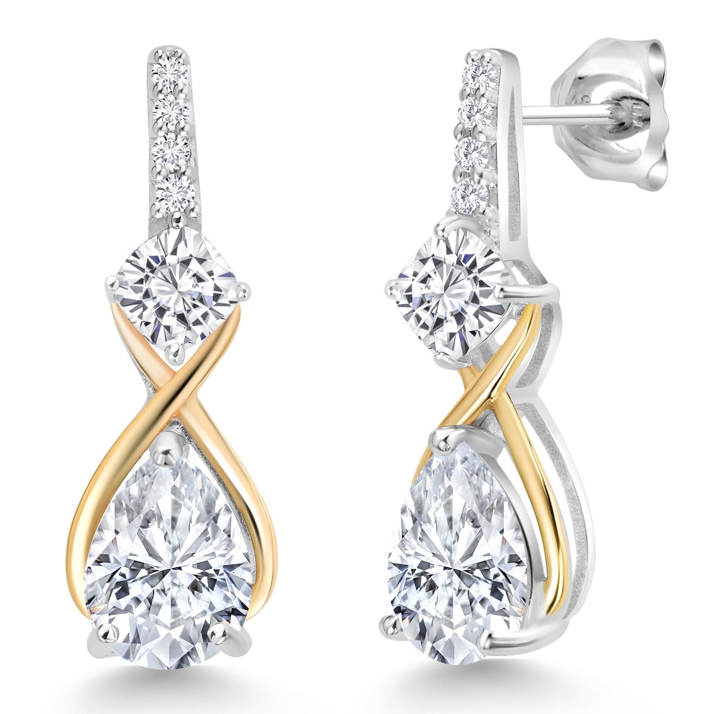 925 Silver and 10K Yellow Gold Gemstone Birthstone and Accent Lab Grown Diamond Dangle Earrings | Pear Shape and Cushion |Two-Tone Infinity Dangle Earrings For Women
