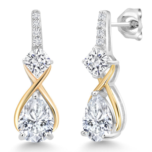 925 Silver and 10K Yellow Gold Gemstone Birthstone and Accent Lab Grown Diamond Dangle Earrings | Pear Shape and Cushion |Two-Tone Infinity Dangle Earrings For Women