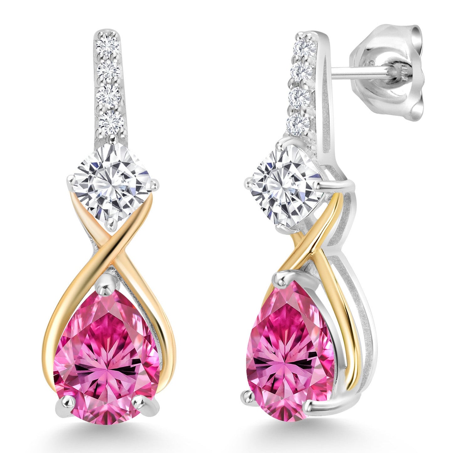 925 Silver and 10K Yellow Gold Gemstone Birthstone and Accent Lab Grown Diamond Dangle Earrings | Pear Shape and Cushion |Two-Tone Infinity Dangle Earrings For Women